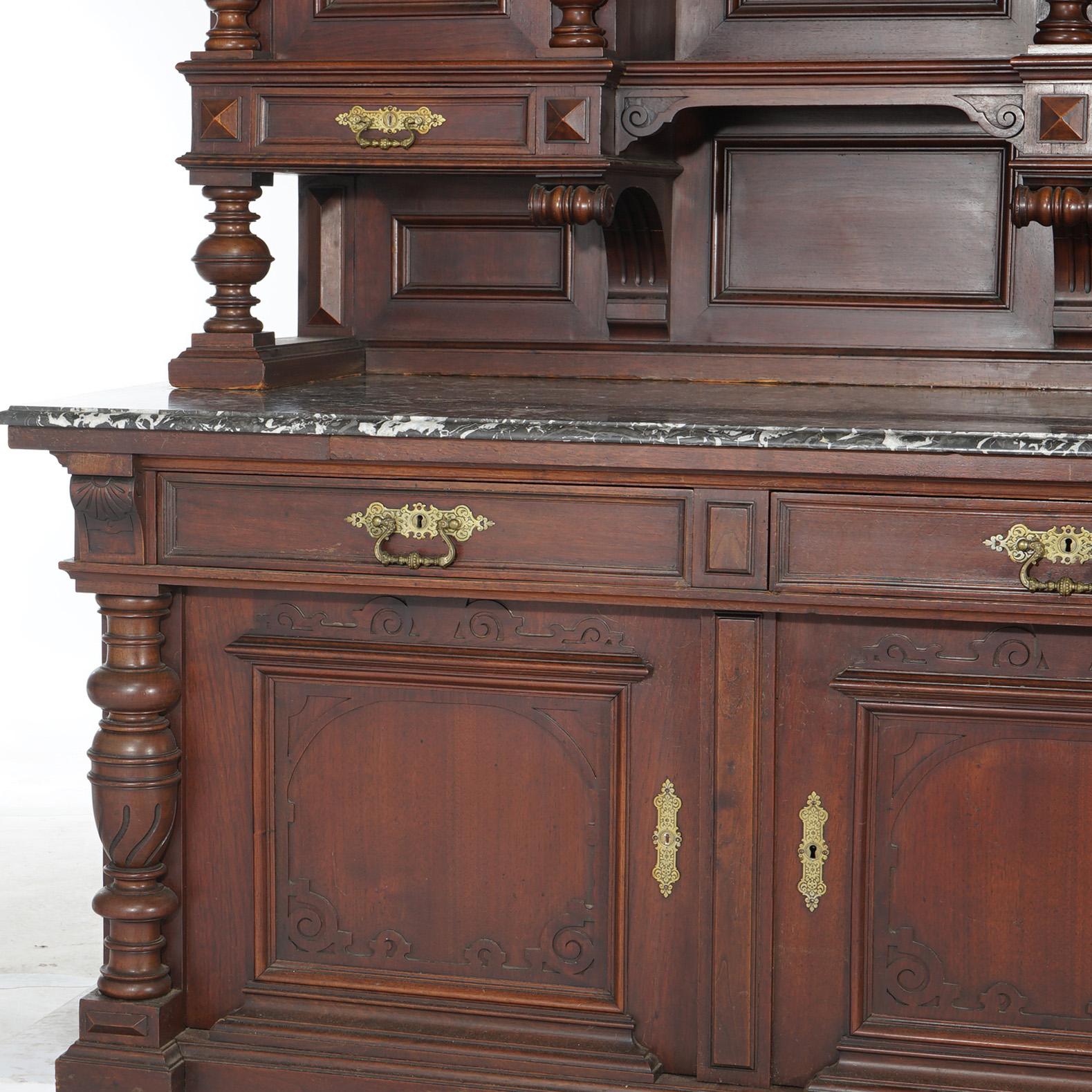 Antique French Renaissance Revival Carved Walnut Marble Top Court Cupboard C1890 For Sale 1