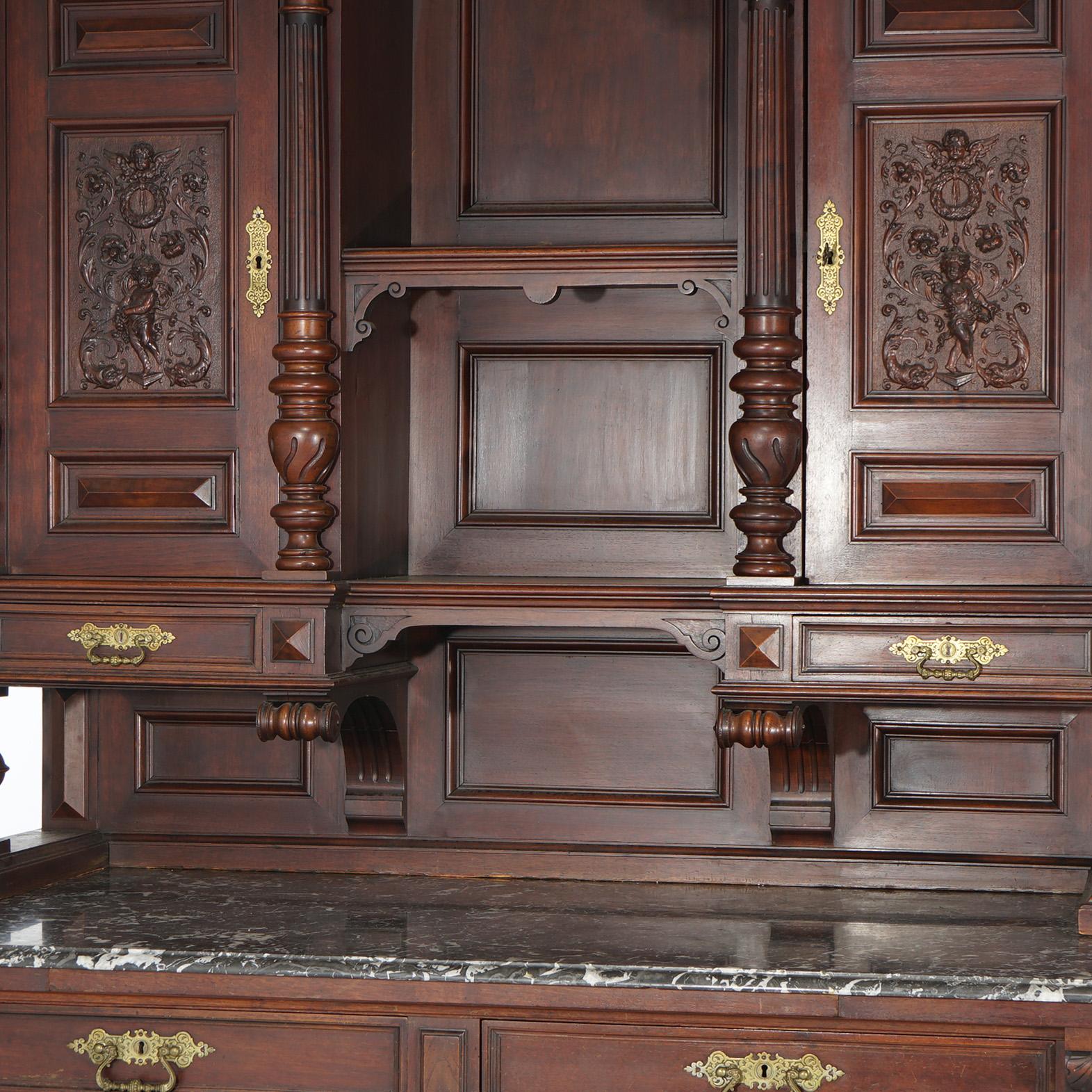 Antique French Renaissance Revival Carved Walnut Marble Top Court Cupboard C1890 For Sale 2