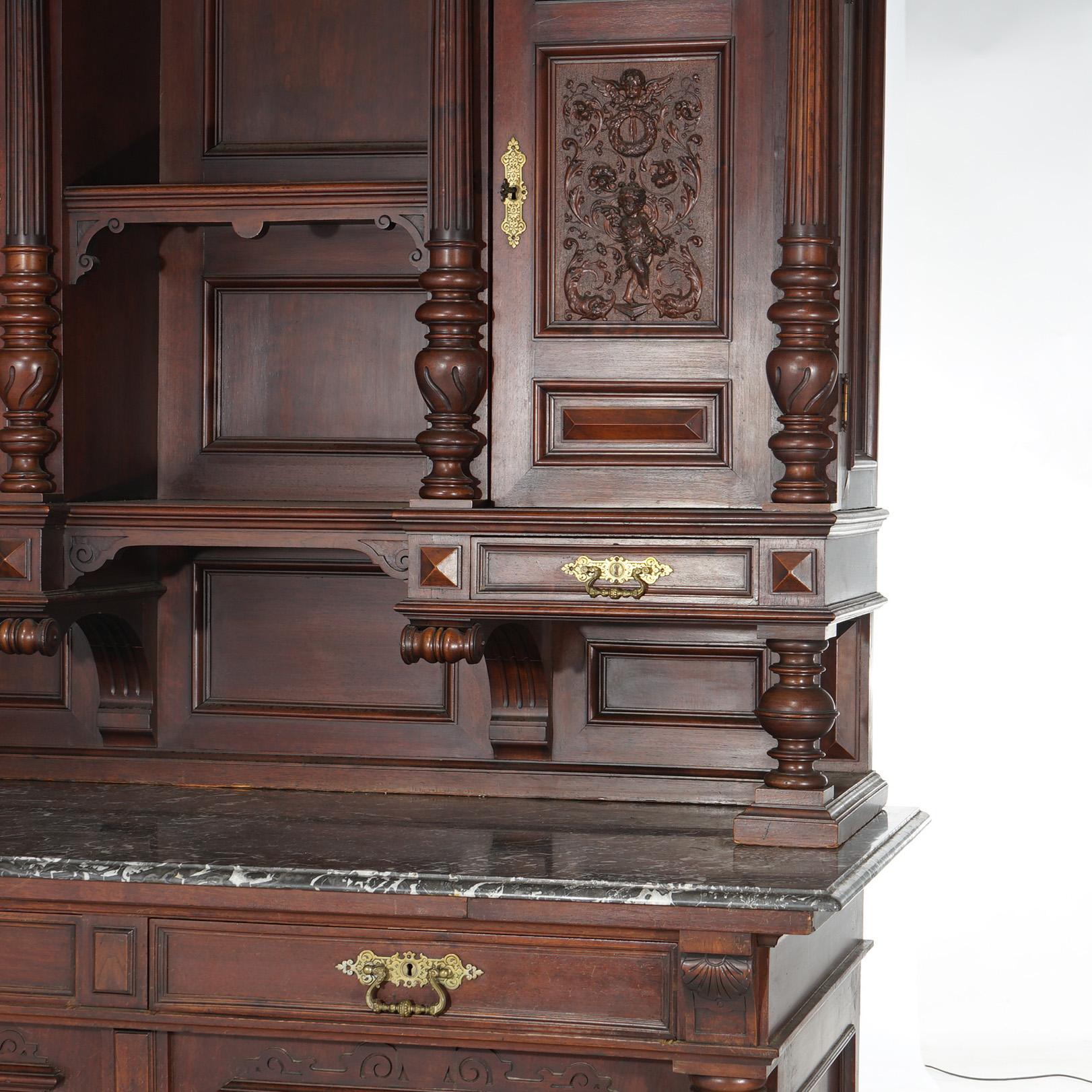 Antique French Renaissance Revival Carved Walnut Marble Top Court Cupboard C1890 For Sale 3