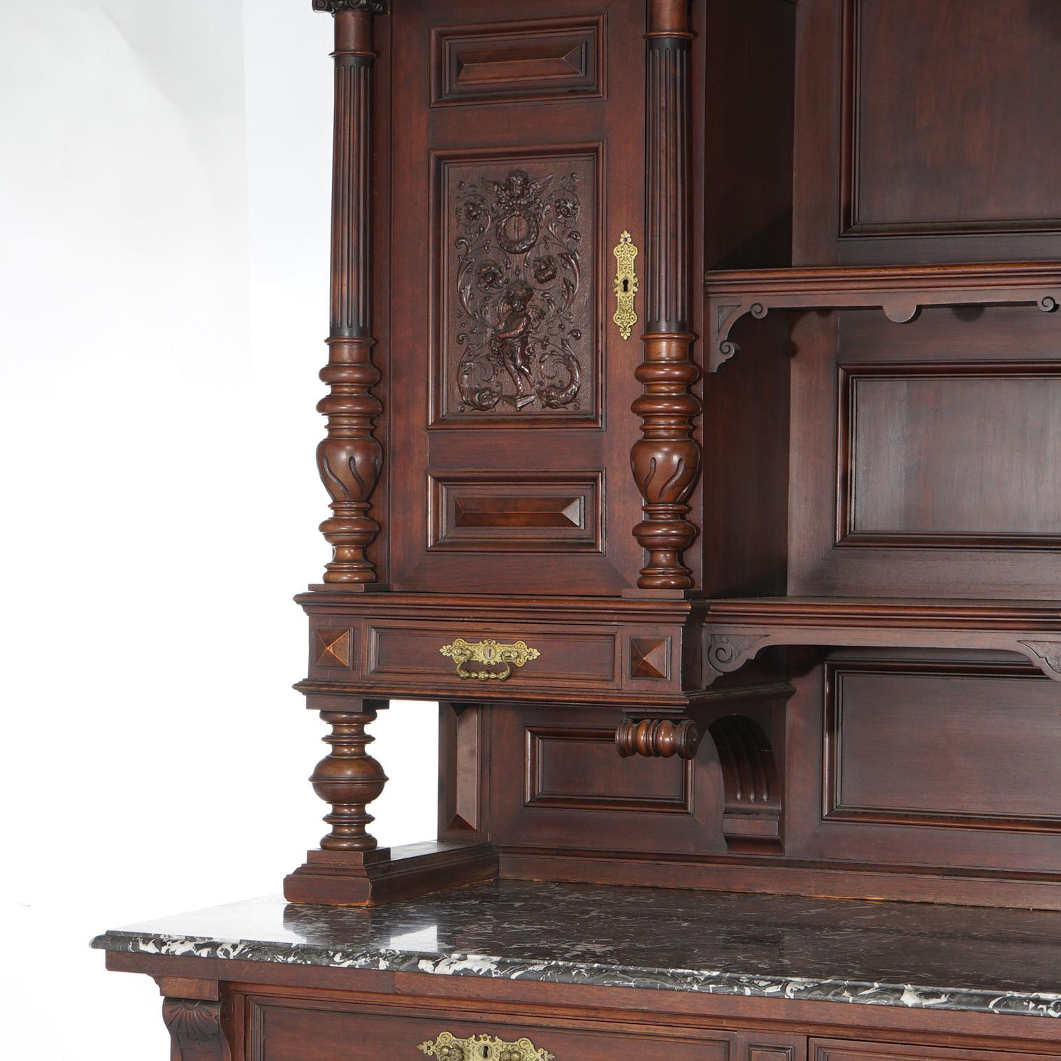 Antique French Renaissance Revival Carved Walnut Marble Top Court Cupboard C1890 For Sale 4