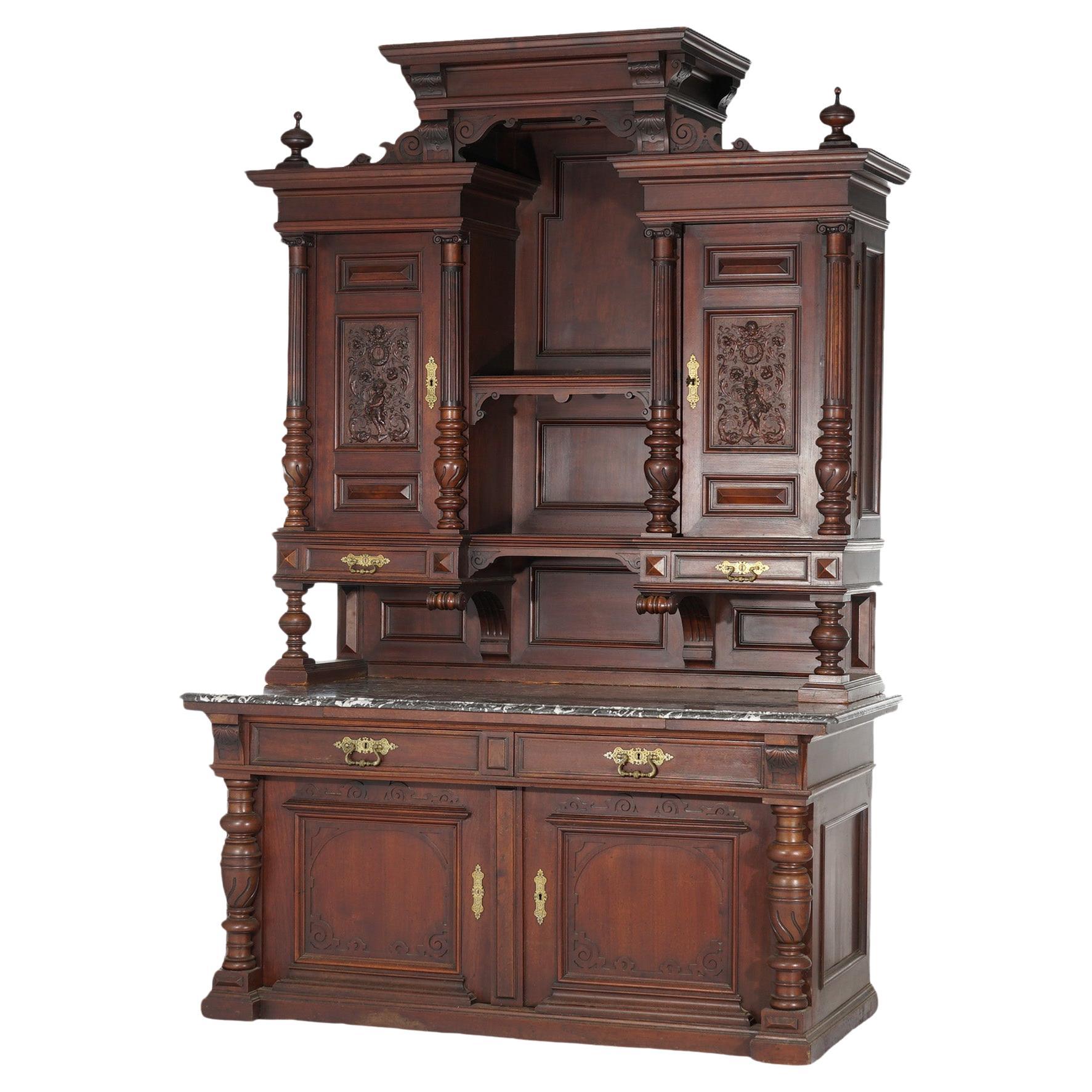 Antique French Renaissance Revival Carved Walnut Marble Top Court Cupboard C1890 For Sale