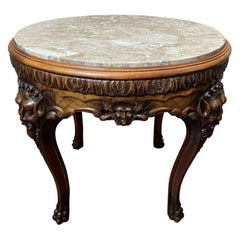Antique French Renaissance Revival Center Table Round Marble Carved Walnut c1900