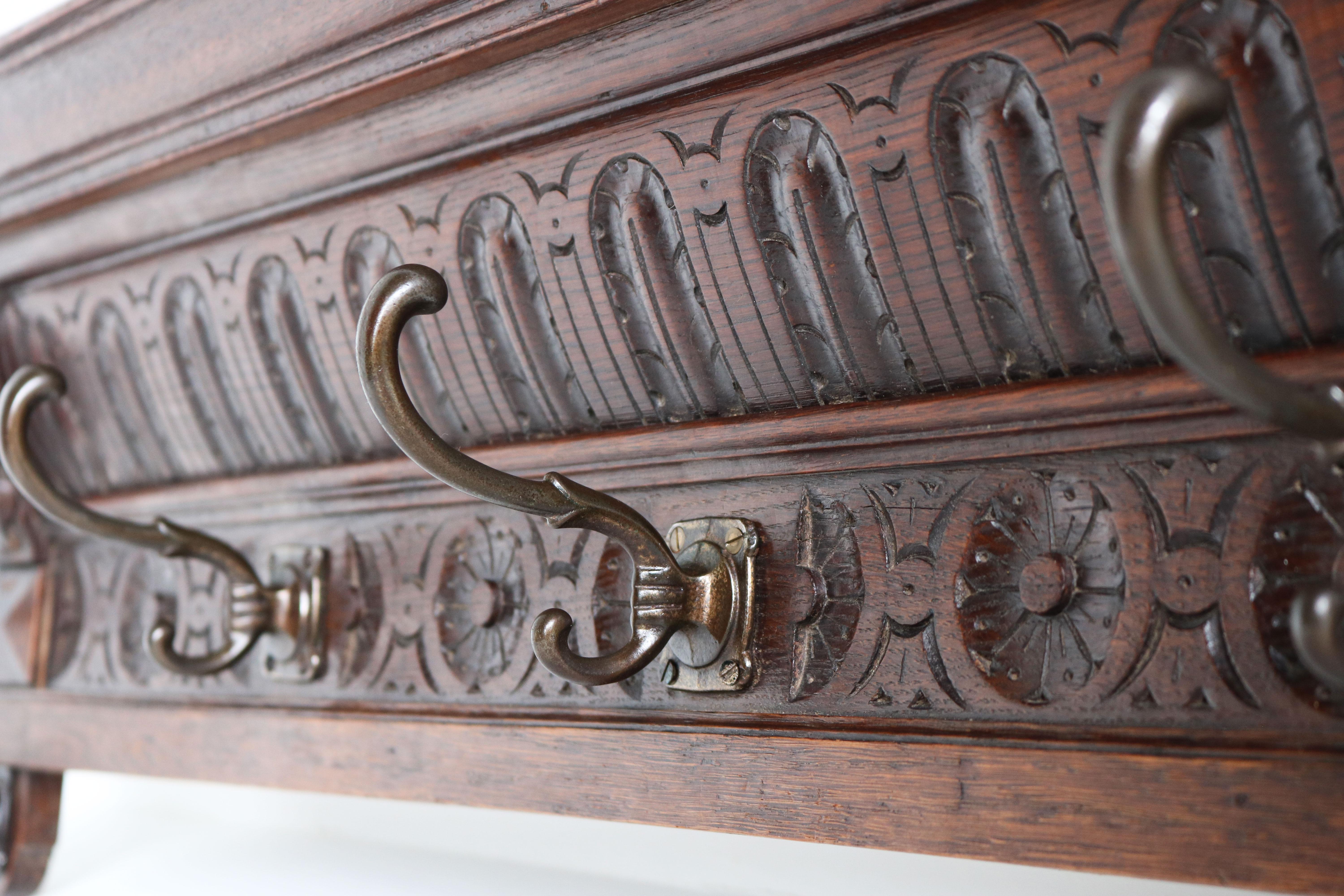 Brass Antique French Renaissance Revival Coat Rack Solid Oak Carved Lion Heads 1900s