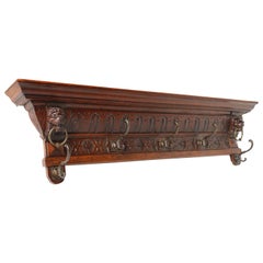 Antique French Renaissance Revival Coat Rack Solid Oak Carved Lion Heads 1900s