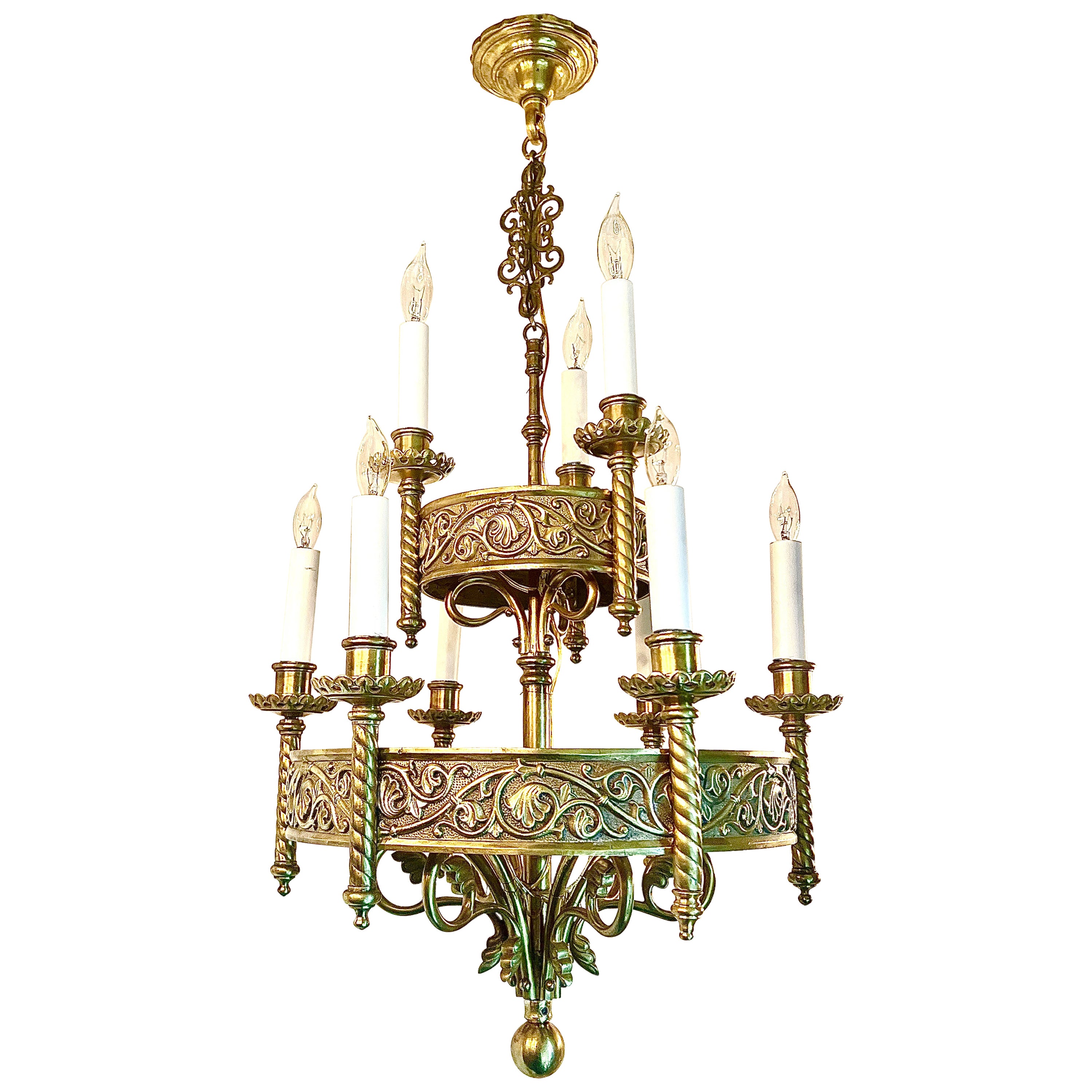 Antique French Renaissance Revival Gold Bronze 9 Light Chandelier, Circa 1910's.