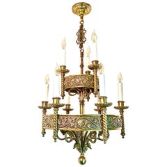 Antique French Renaissance Revival Gold Bronze 9 Light Chandelier, circa 1910.