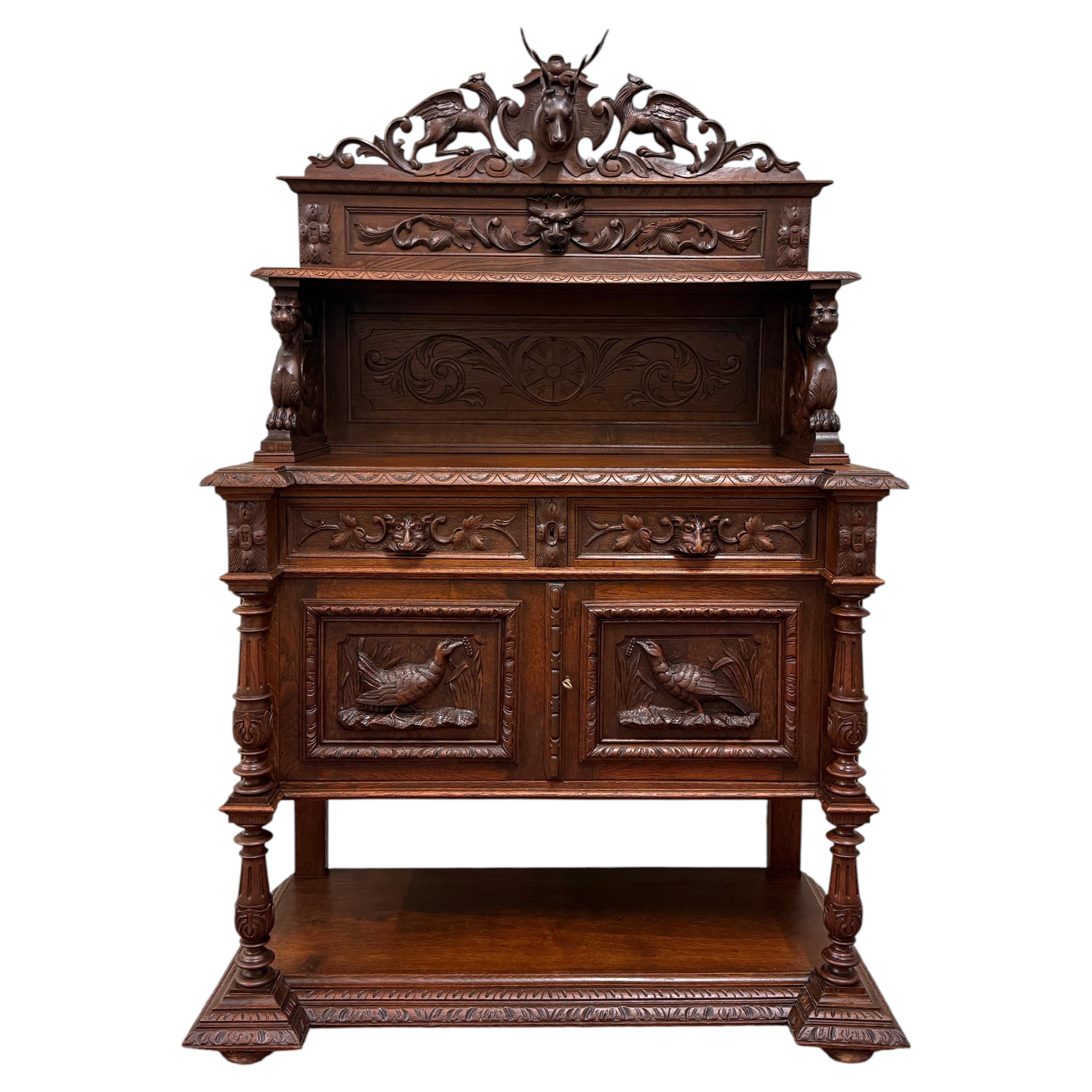 Antique French Renaissance Revival Hunt Buffet Server Sideboard Dark Oak 19C
