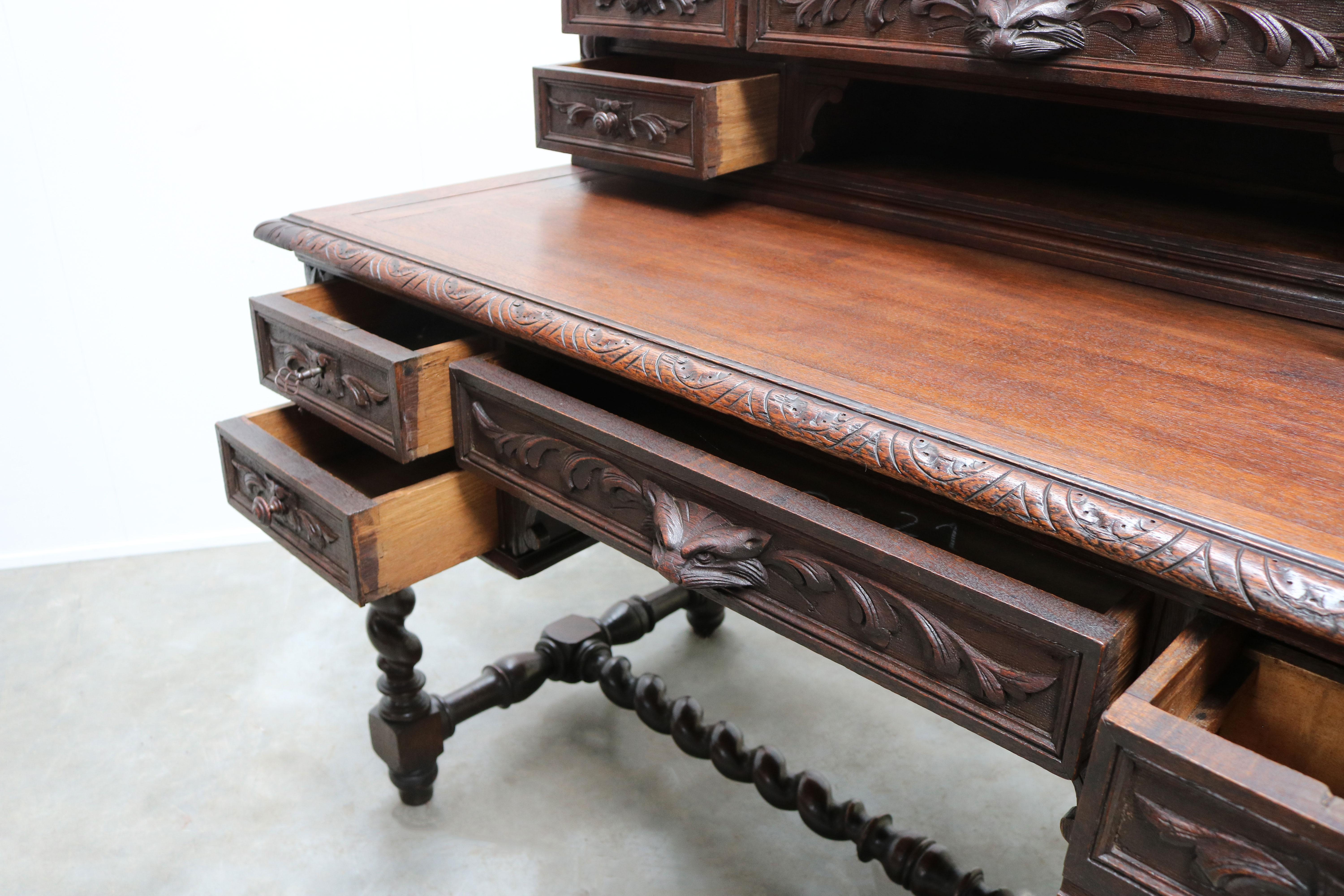Antique French Renaissance Revival Hunt Desk / Secretaire Barley Twist Oak 19th For Sale 5