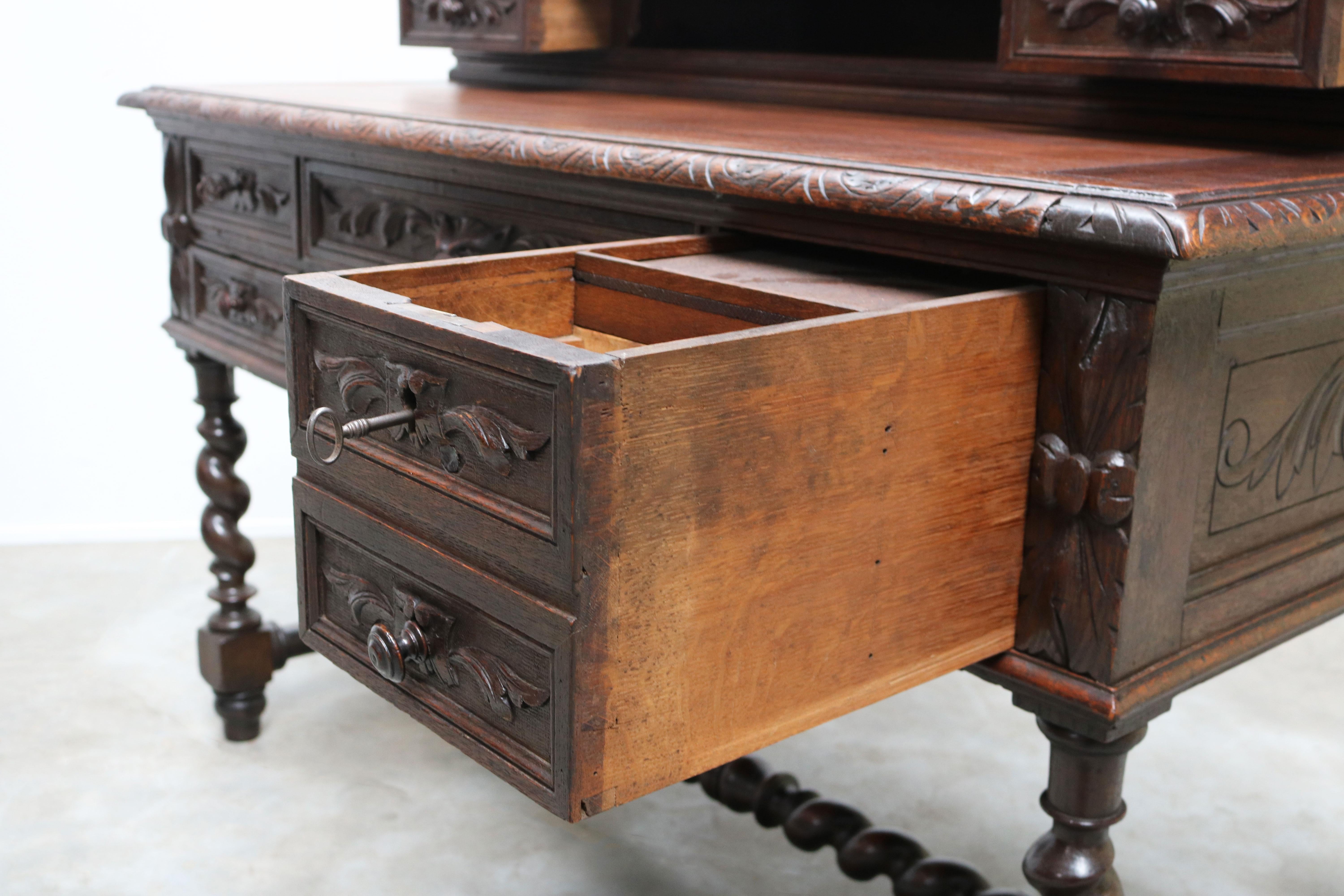 Antique French Renaissance Revival Hunt Desk / Secretaire Barley Twist Oak 19th For Sale 6