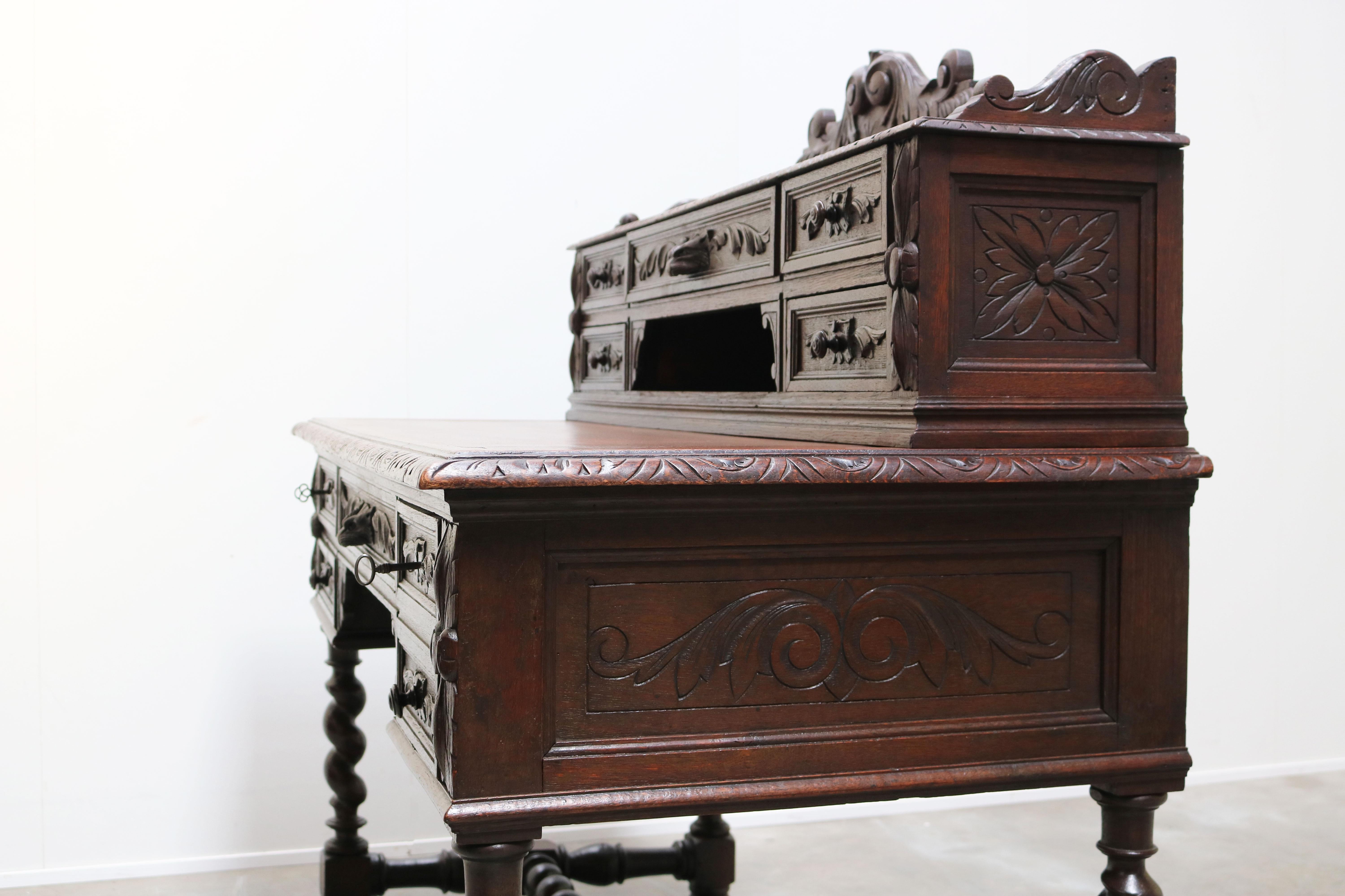 Antique French Renaissance Revival Hunt Desk / Secretaire Barley Twist Oak 19th For Sale 10