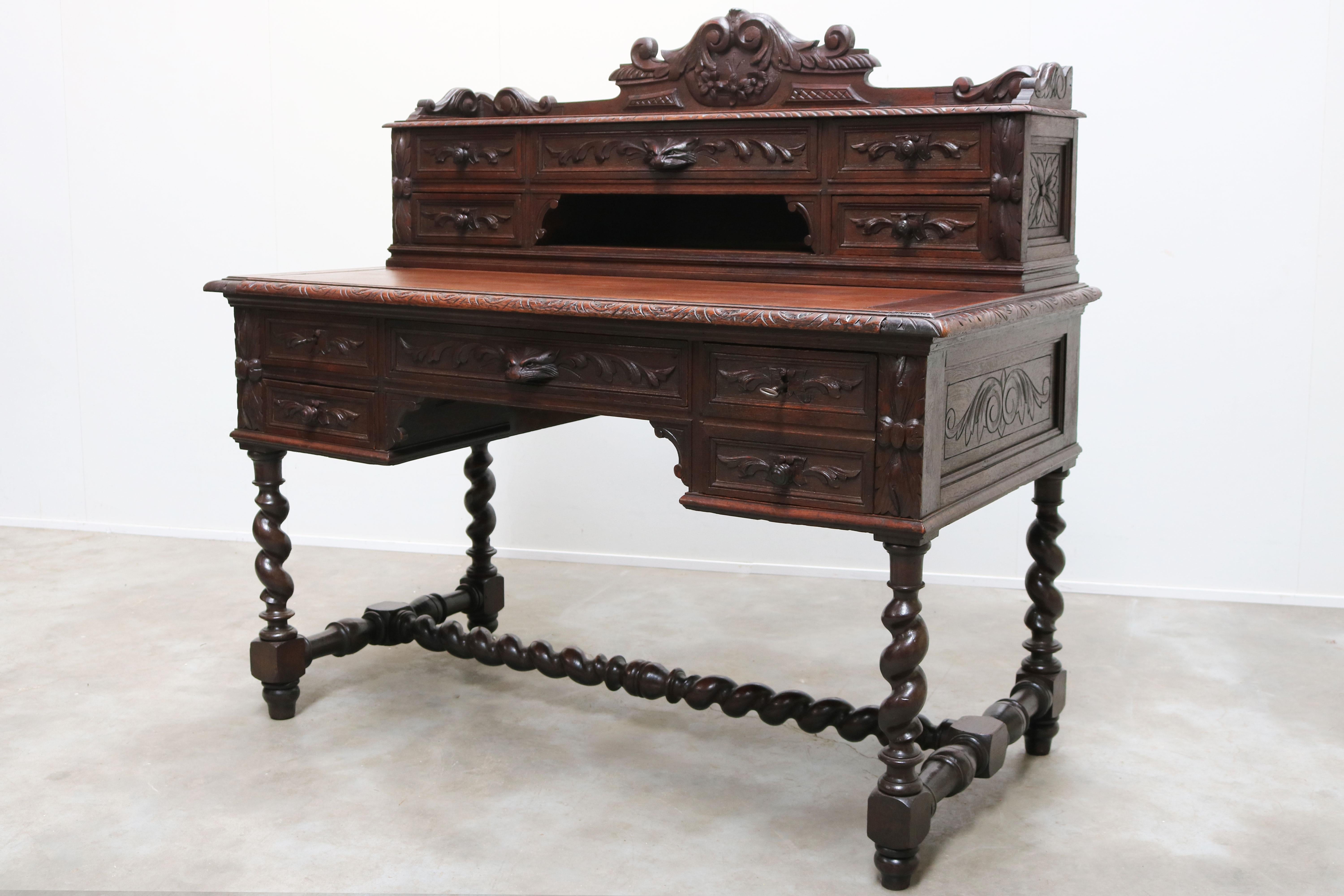 Antique French Renaissance Revival Hunt Desk / Secretaire Barley Twist Oak 19th For Sale 12