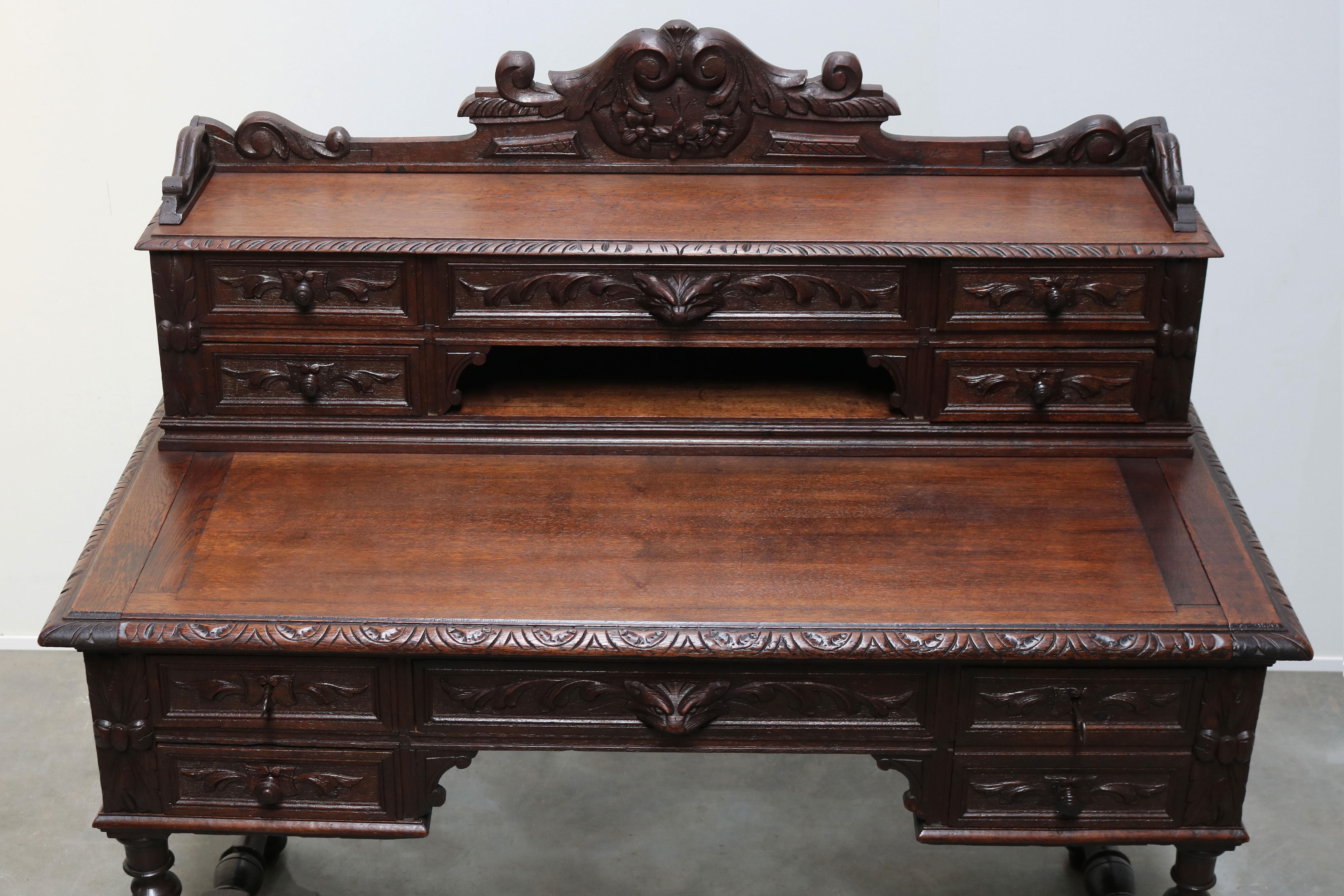 Late 19th Century Antique French Renaissance Revival Hunt Desk / Secretaire Barley Twist Oak 19th For Sale
