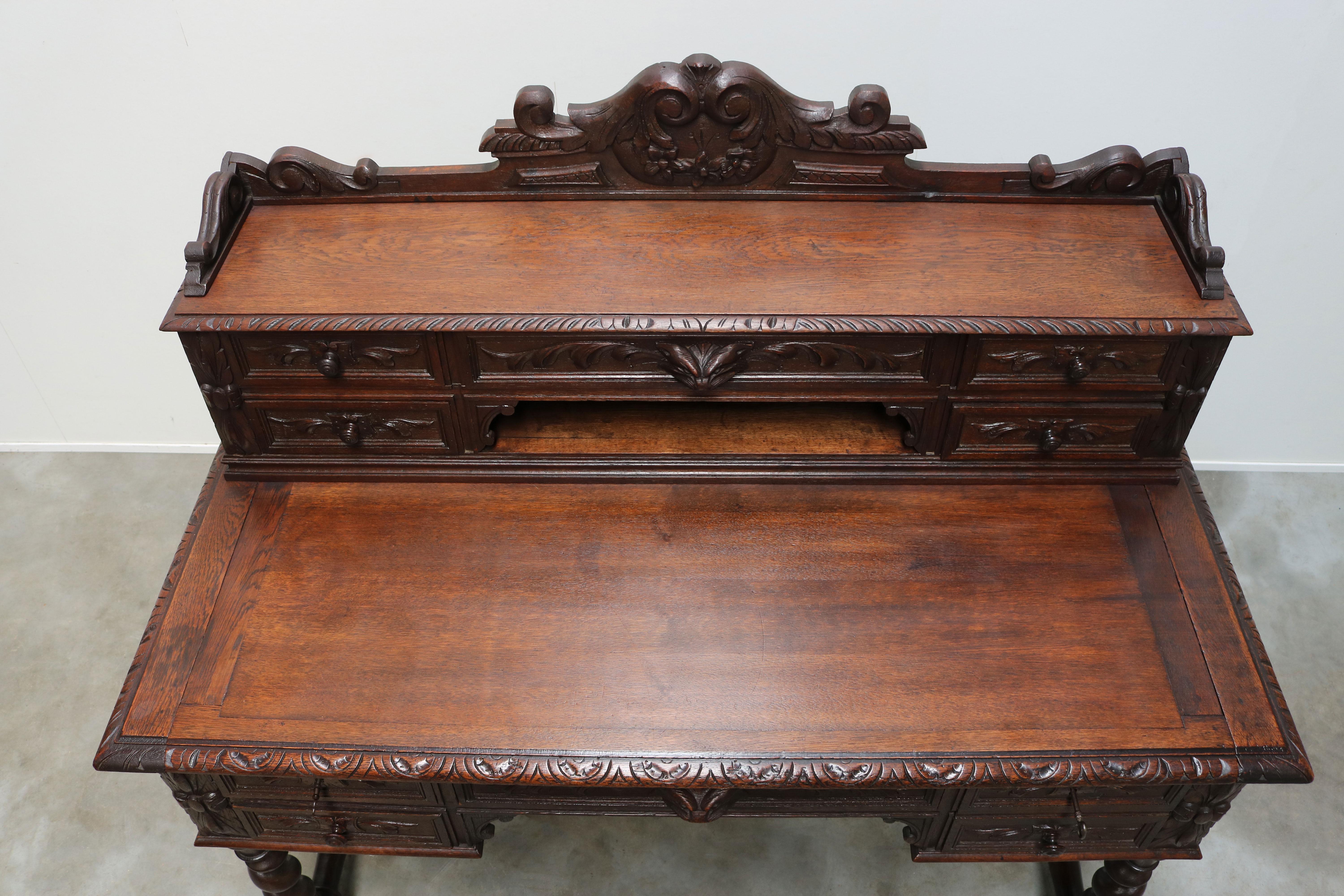 Antique French Renaissance Revival Hunt Desk / Secretaire Barley Twist Oak 19th For Sale 1