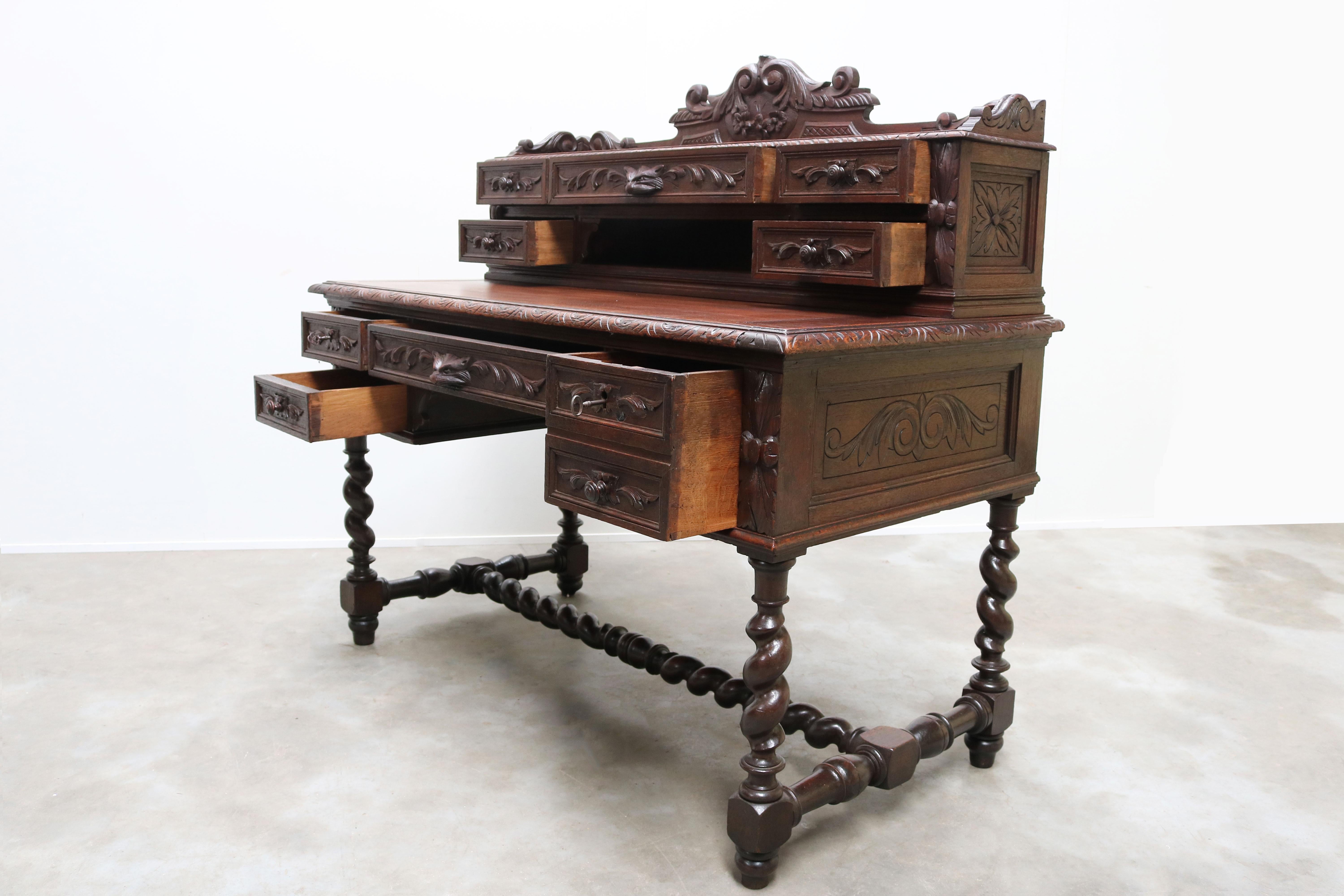 Antique French Renaissance Revival Hunt Desk / Secretaire Barley Twist Oak 19th For Sale 3