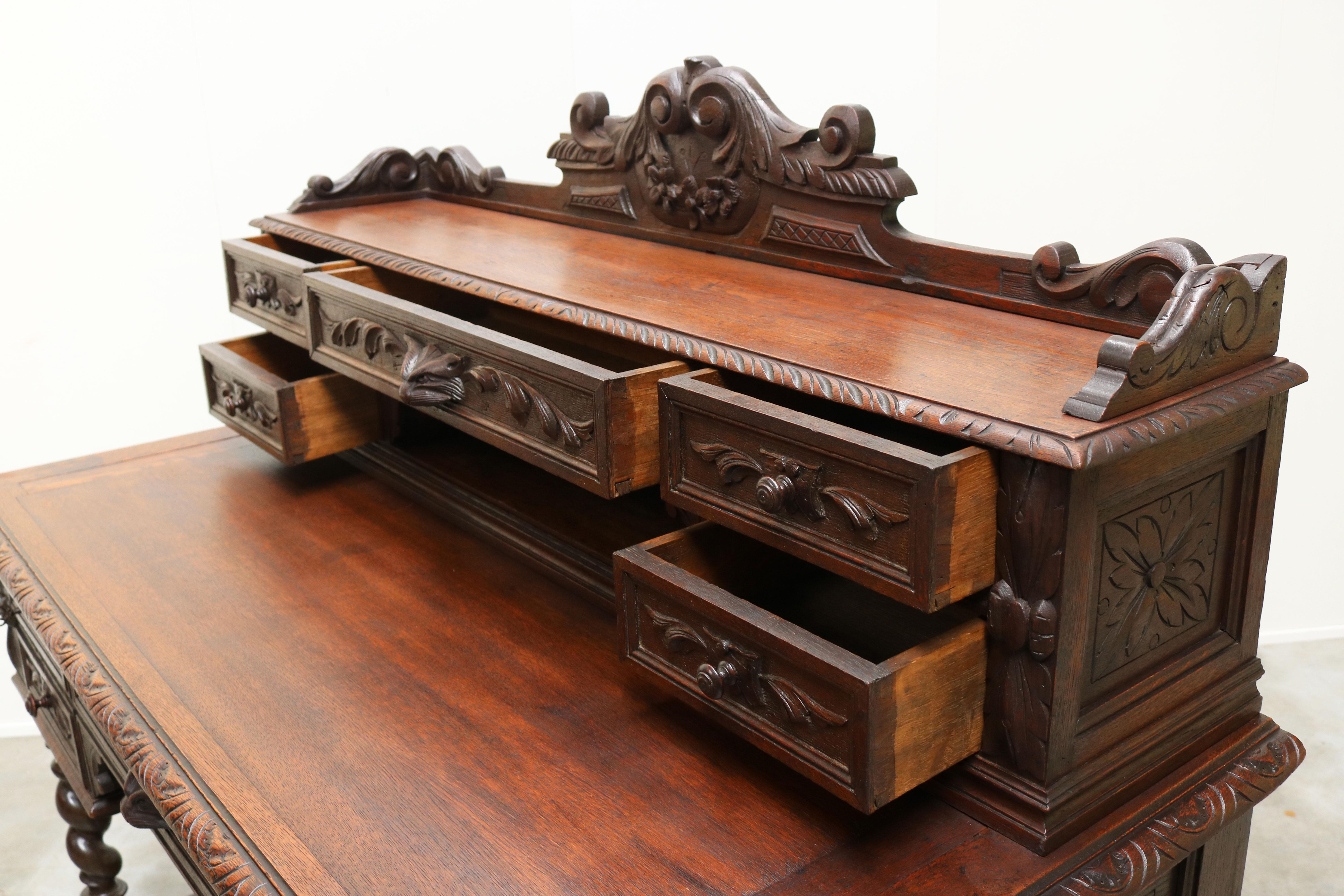 Antique French Renaissance Revival Hunt Desk / Secretaire Barley Twist Oak 19th For Sale 4