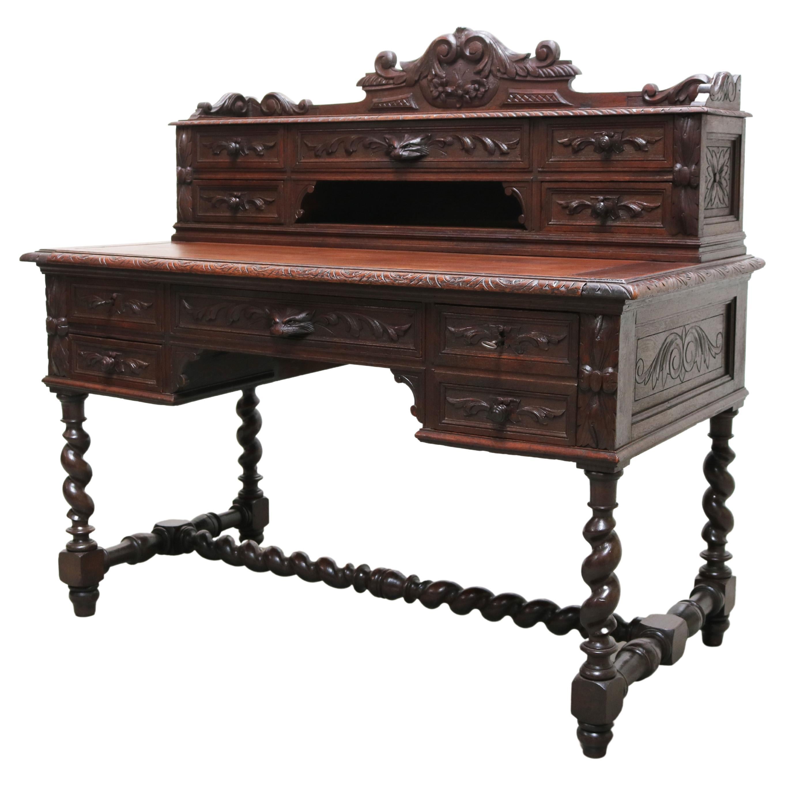 Antique French Renaissance Revival Hunt Desk / Secretaire Barley Twist Oak 19th For Sale