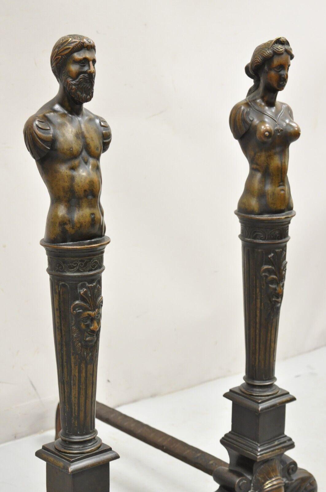 Antique French Renaissance Revival Large Figural Man and Woman Andirons - a Pair For Sale 6