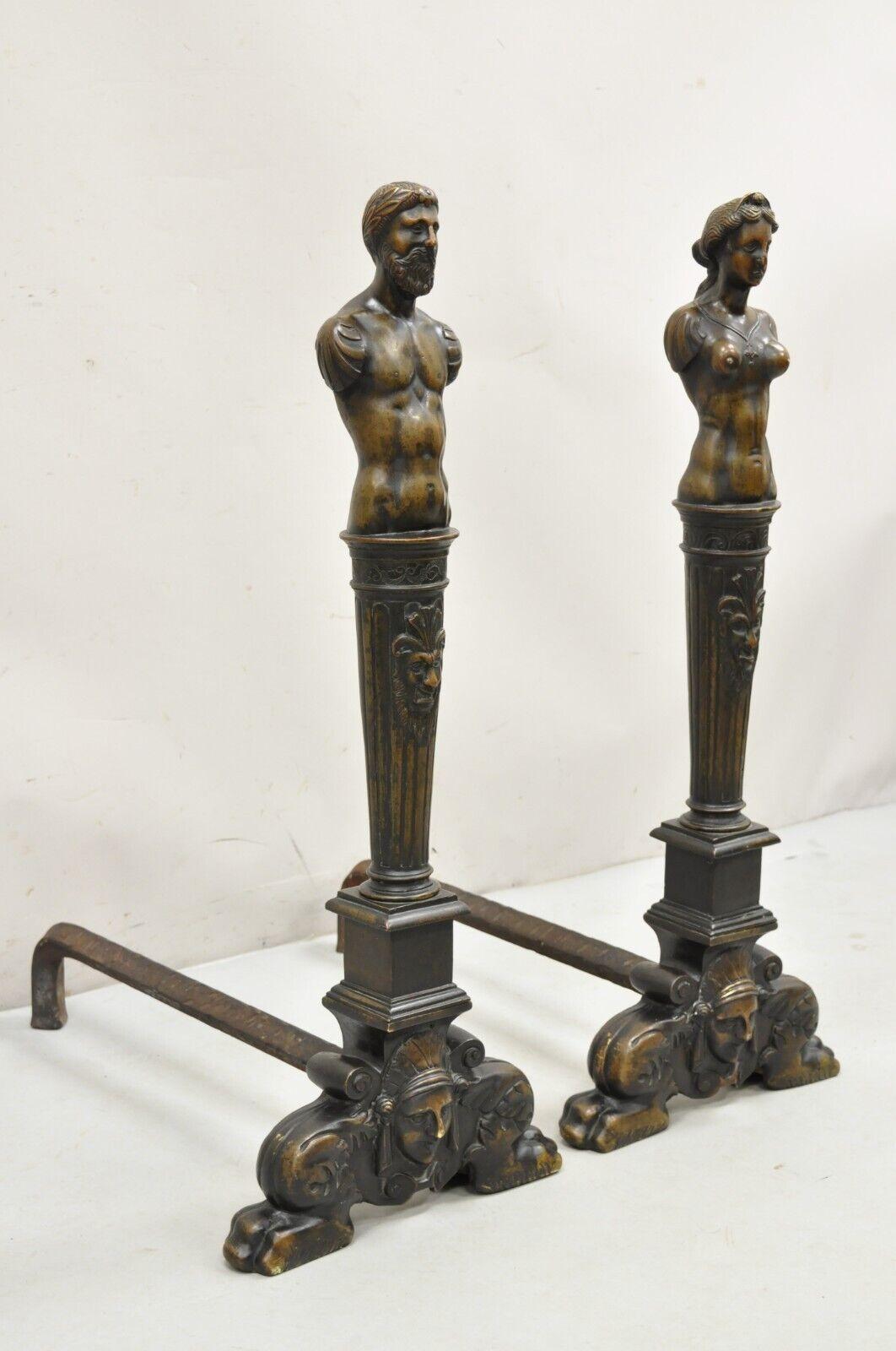 Antique French Renaissance Revival Large Figural Man and Woman Andirons - a Pair. Item featured is a larger impressive size, stunning patina and casting, very rare antique andirons, approx 50 lbs each. Circa 19th Century. Measurements: 35