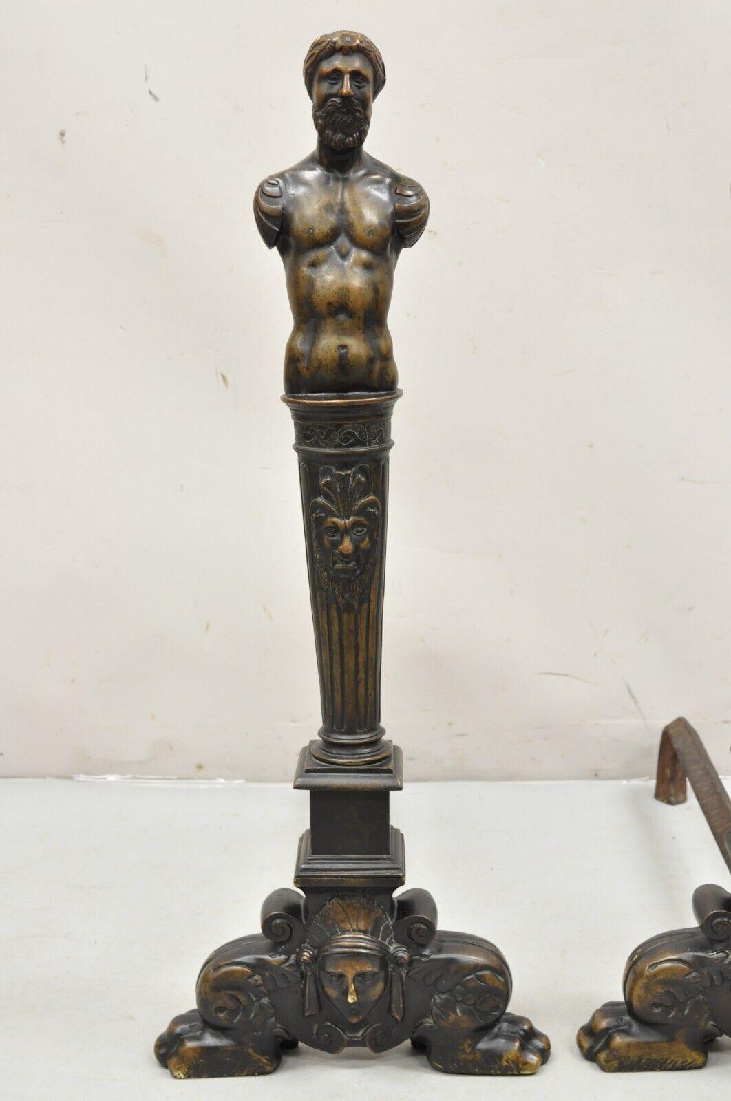 Bronze Antique French Renaissance Revival Large Figural Man and Woman Andirons - a Pair For Sale