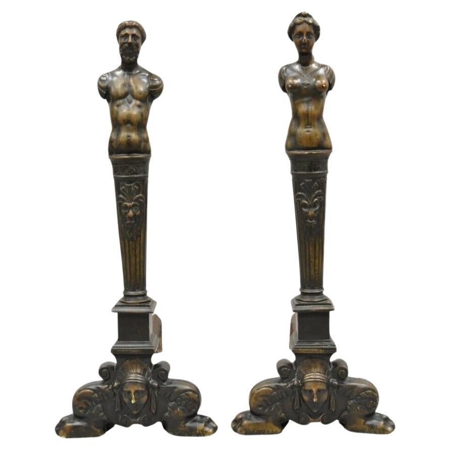 Antique French Renaissance Revival Large Figural Man and Woman Andirons - a Pair For Sale