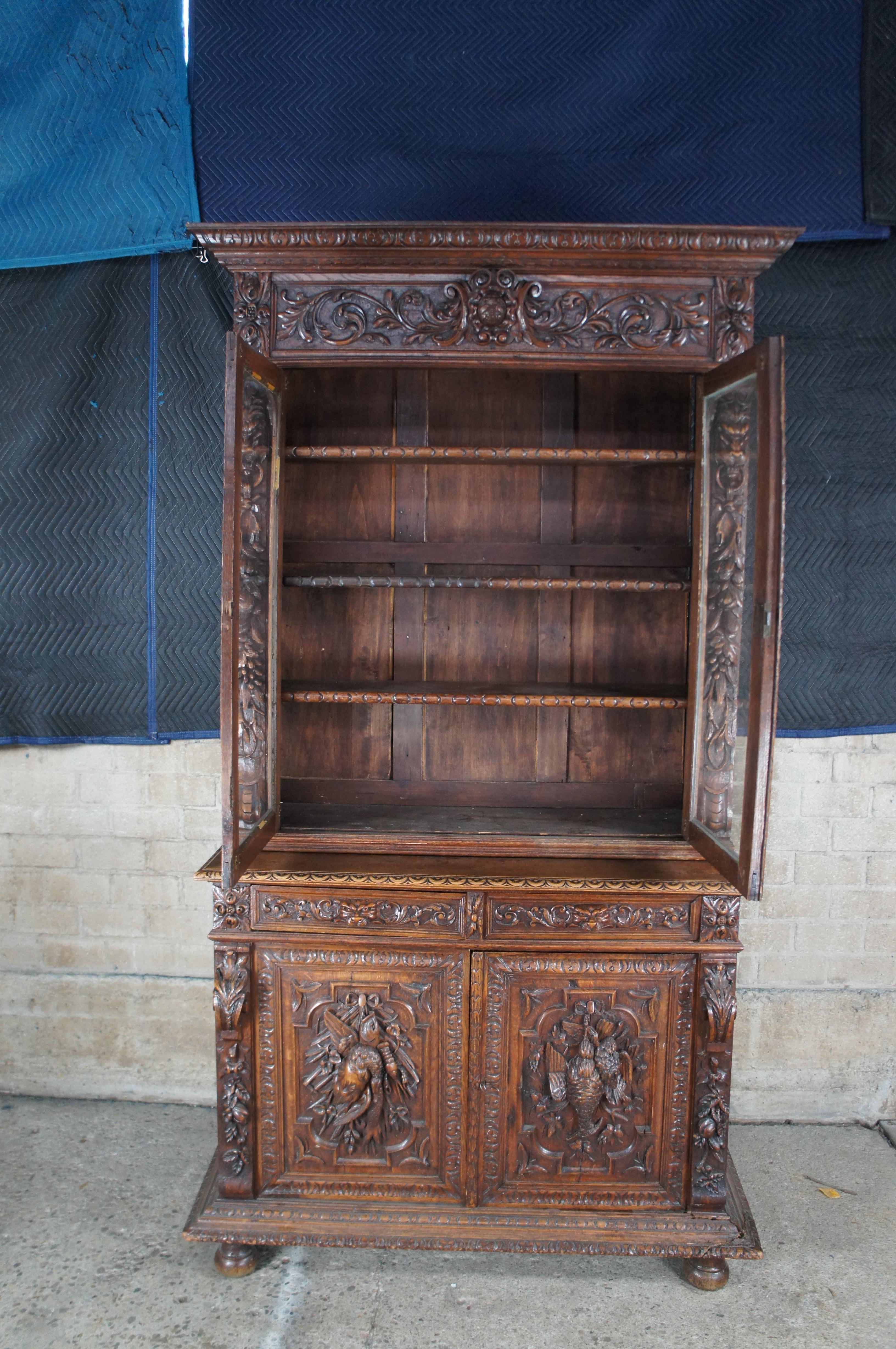 Antique French Renaissance Revive Chêne Sculpté Bibliothèque Vitrine 97