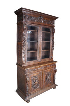 Antique French Renaissance Revival Oak Carved Hunt Bookcase Display Cabinet 97"