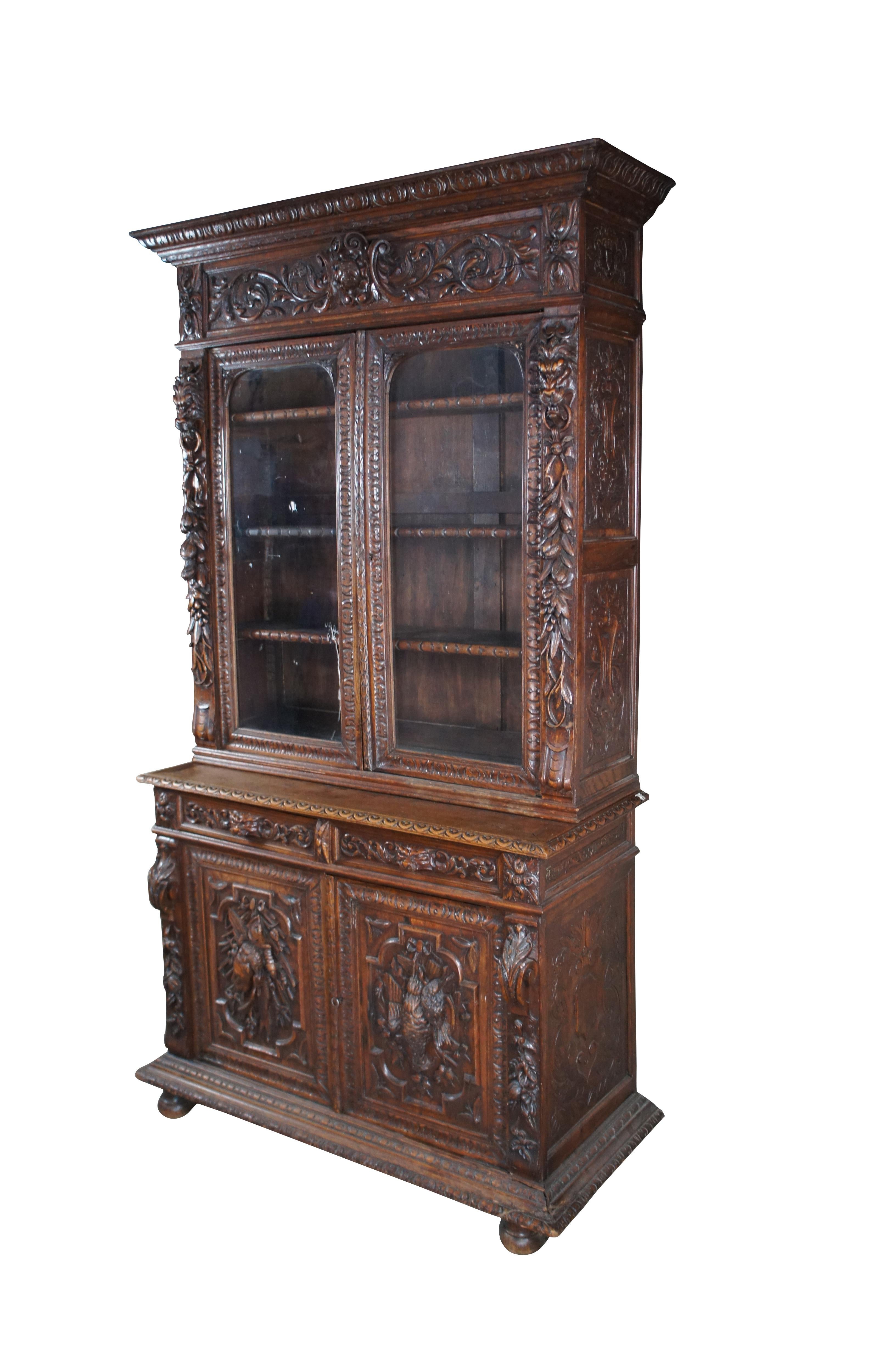 Antique French Renaissance Revive Chêne Sculpté Bibliothèque Vitrine 97