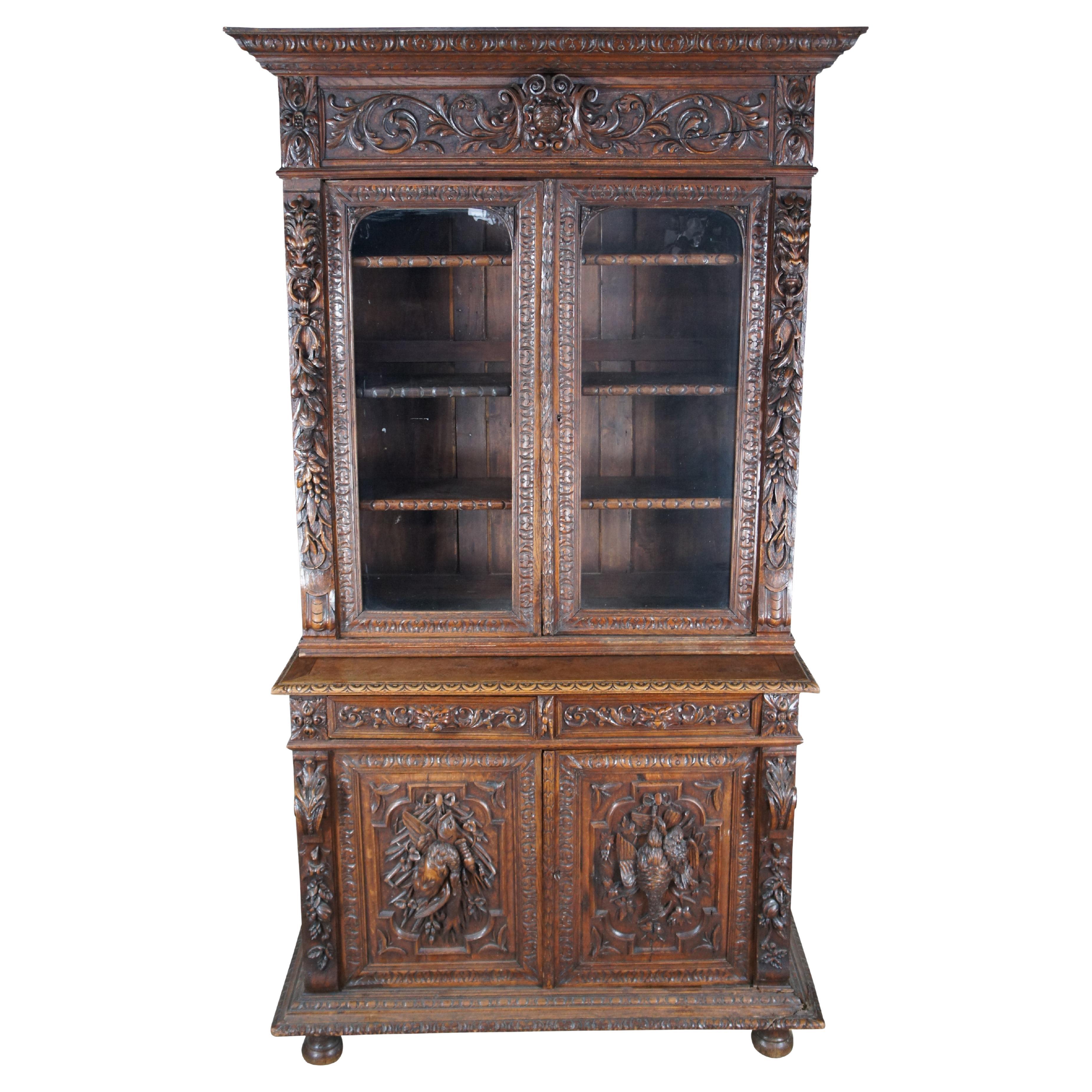 Antique French Renaissance Revive Chêne Sculpté Bibliothèque Vitrine 97"