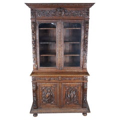 Antique French Renaissance Revival Oak Carved Hunt Bookcase Display Cabinet 97"