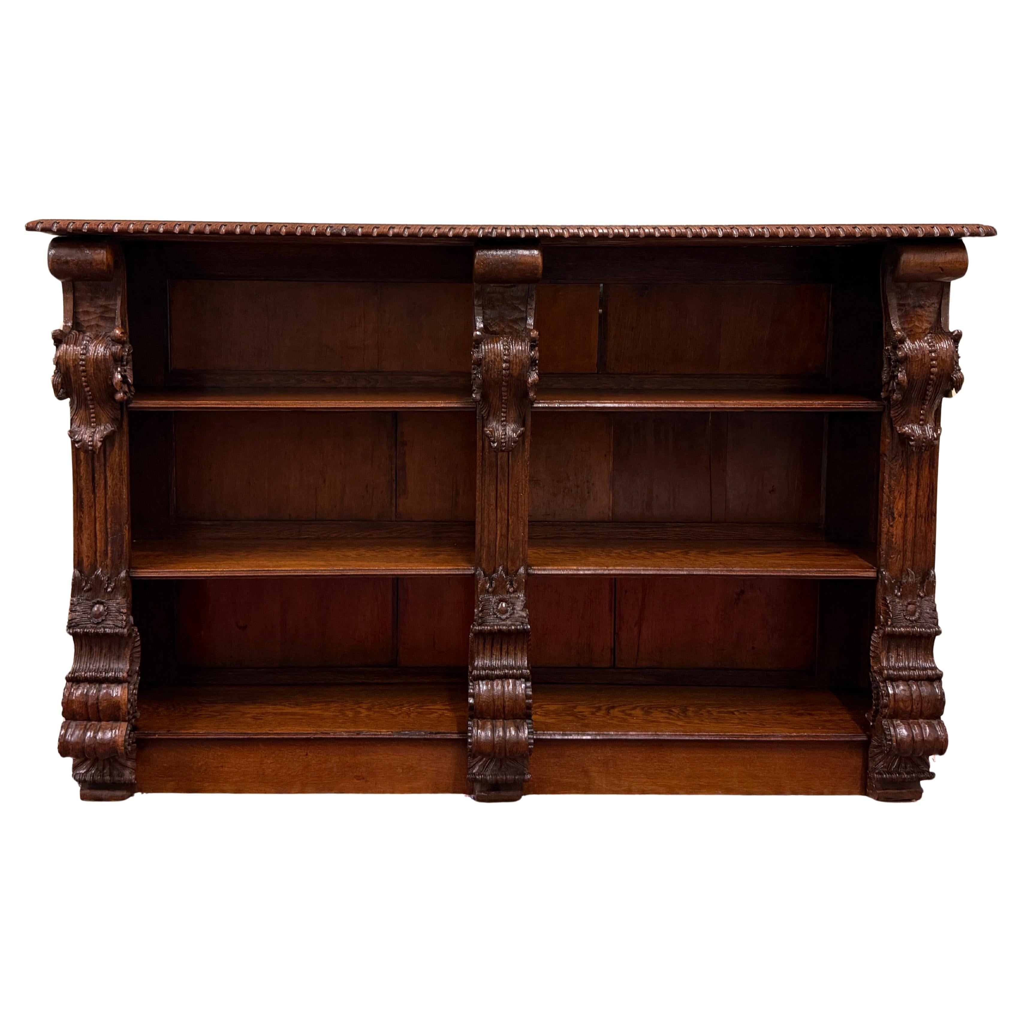 Antique French Renaissance Revival Open Bookcase Cabinet Bookshelf Oak c. 19th C