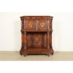 Antique French Renaissance Revival Ornate Carved Walnut Bar Cabinet, Circa 1890s