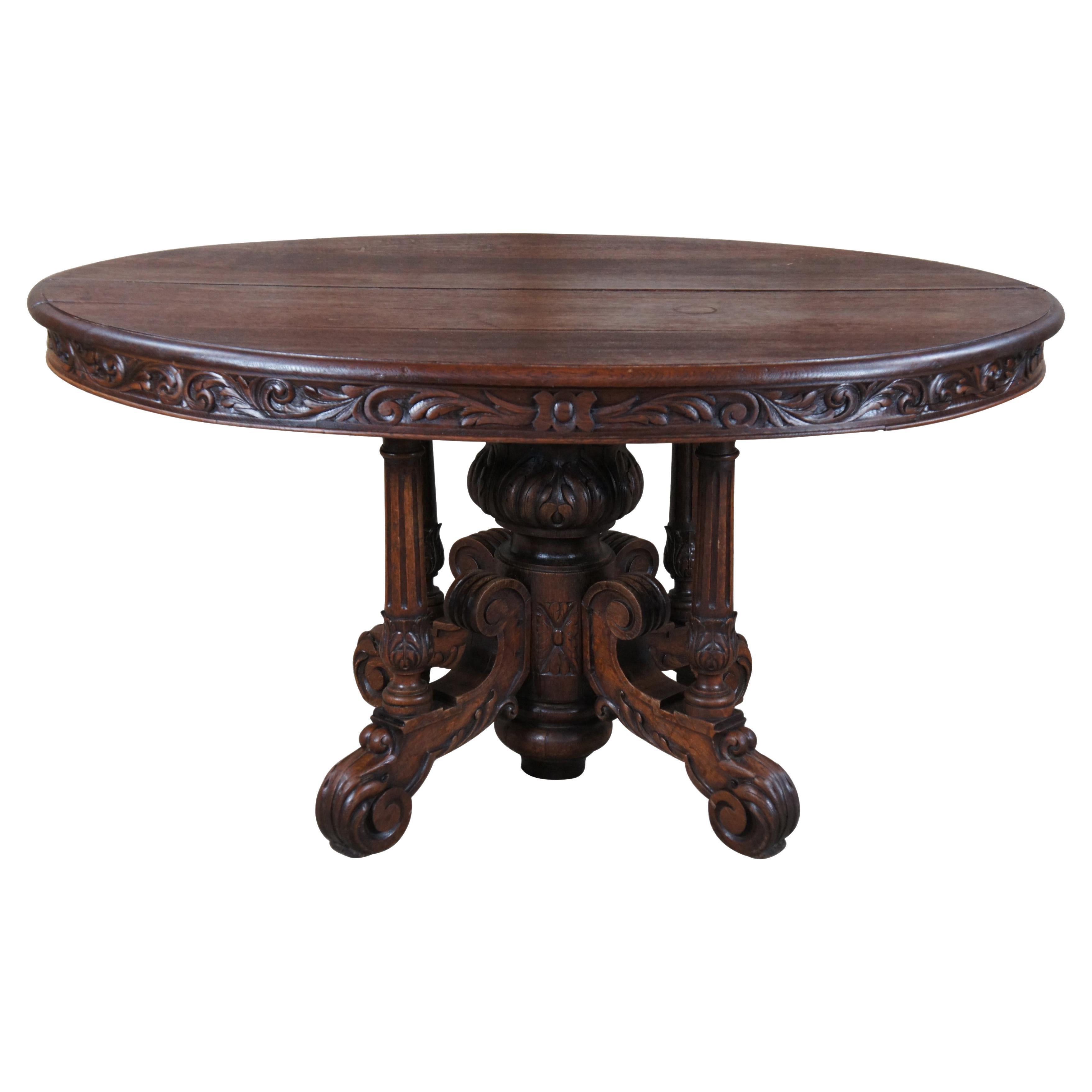 Table de chasse ou de salle à manger ovale en chêne sculpté, style néo-renaissance française antique