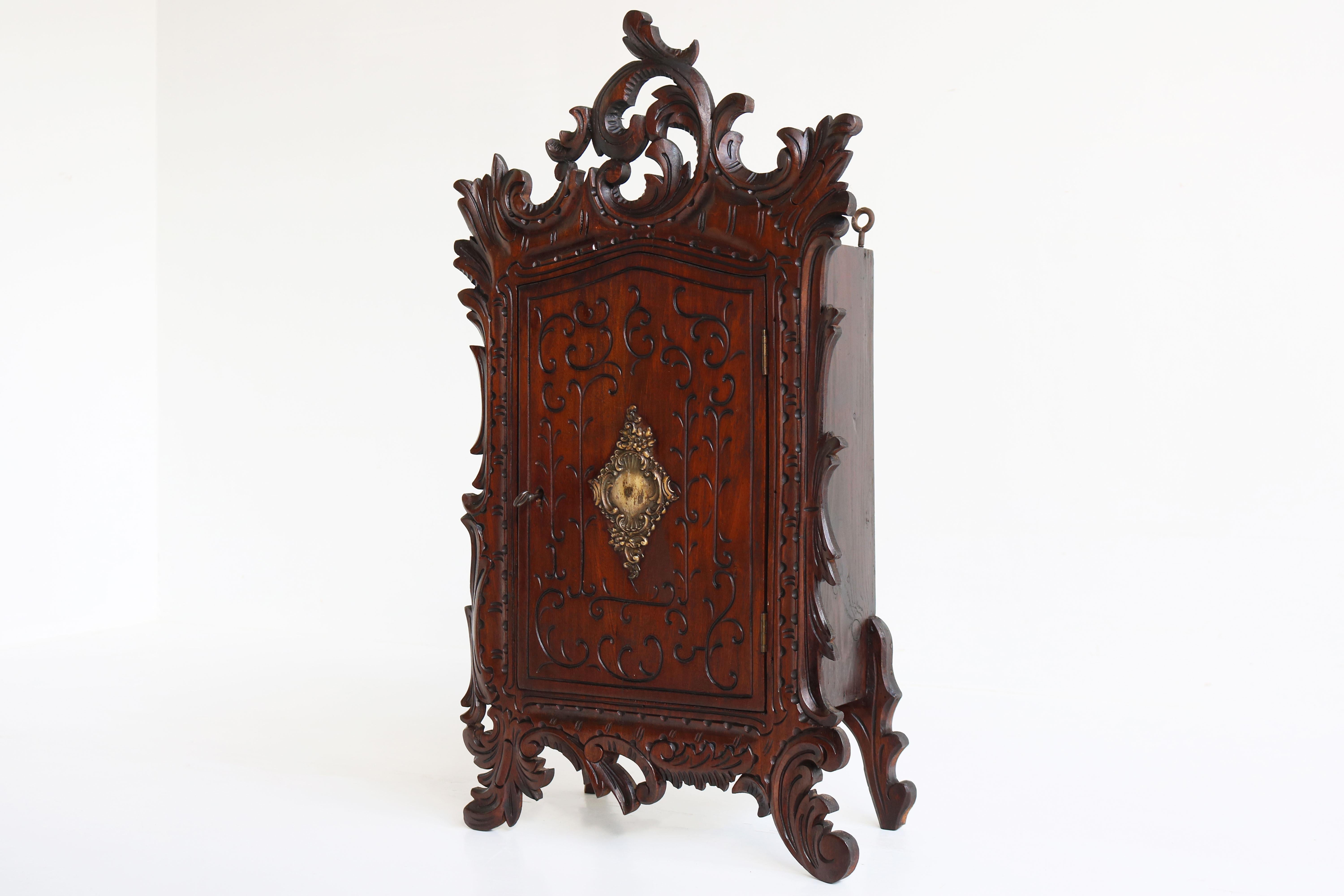 Antique French Renaissance Revival Richly Carved Wall Cabinet 19th Century Brass In Good Condition For Sale In Ijzendijke, NL