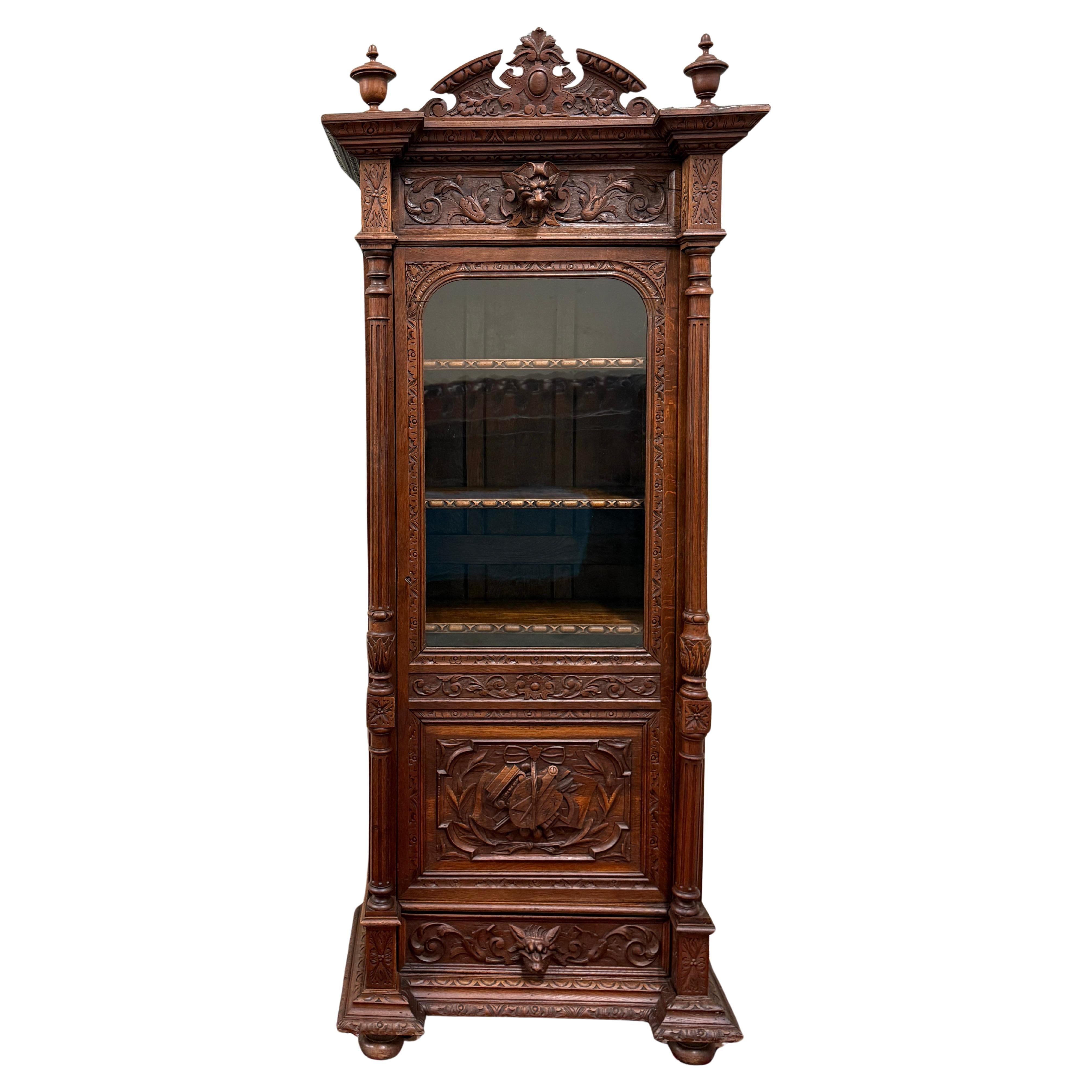 Antique French Renaissance Revival Scholars Bookcase Cabinet Carved Oak 19th C