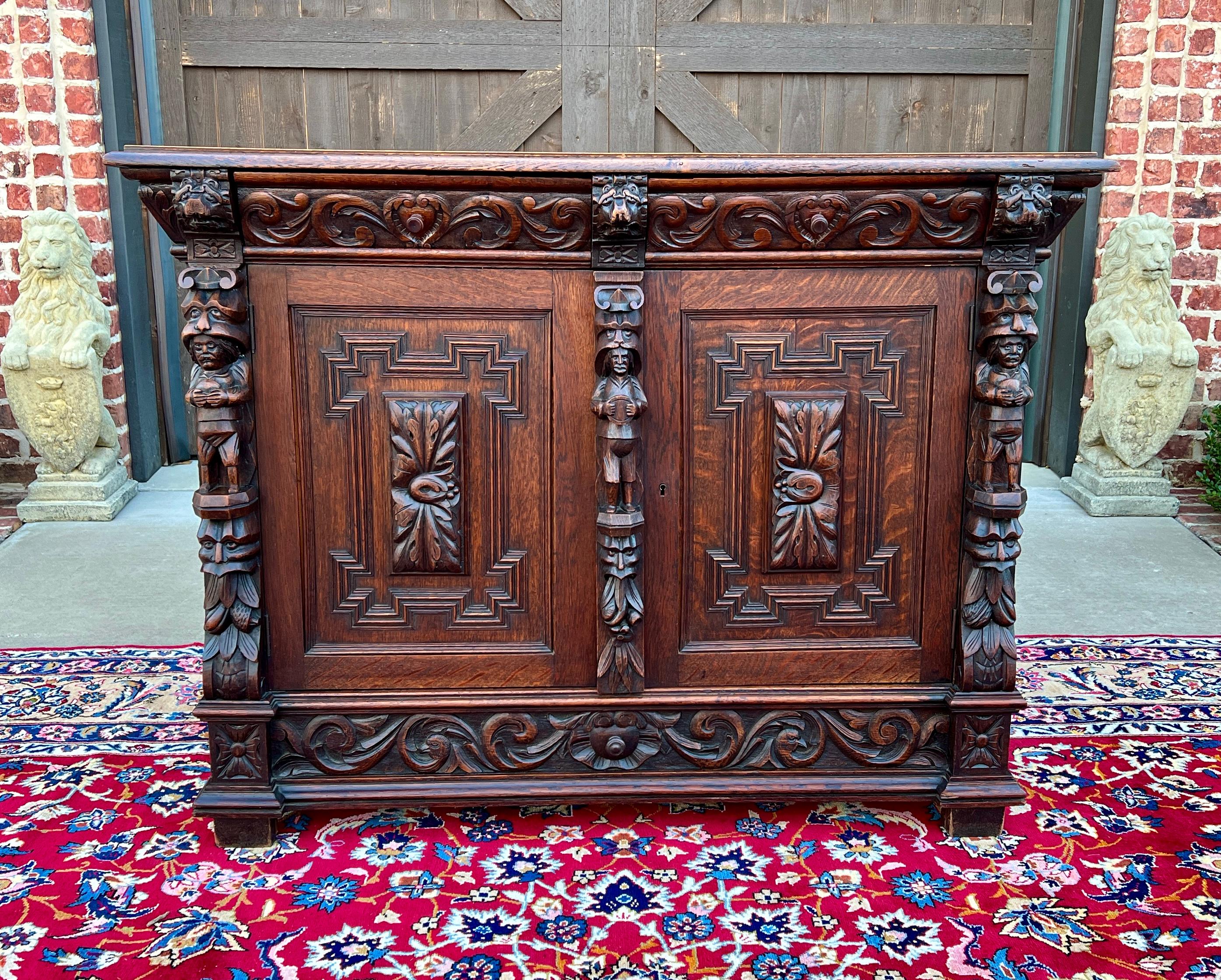 Carved Antique French Renaissance Revival Server Sideboard Buffet Cabinet Oak 19C