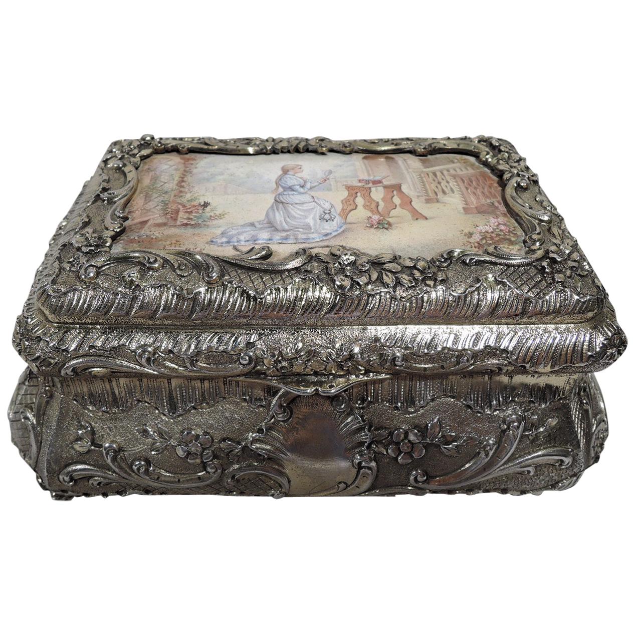 Antique French Renaissance Revival Silver Gilt and Enamel Casket Box