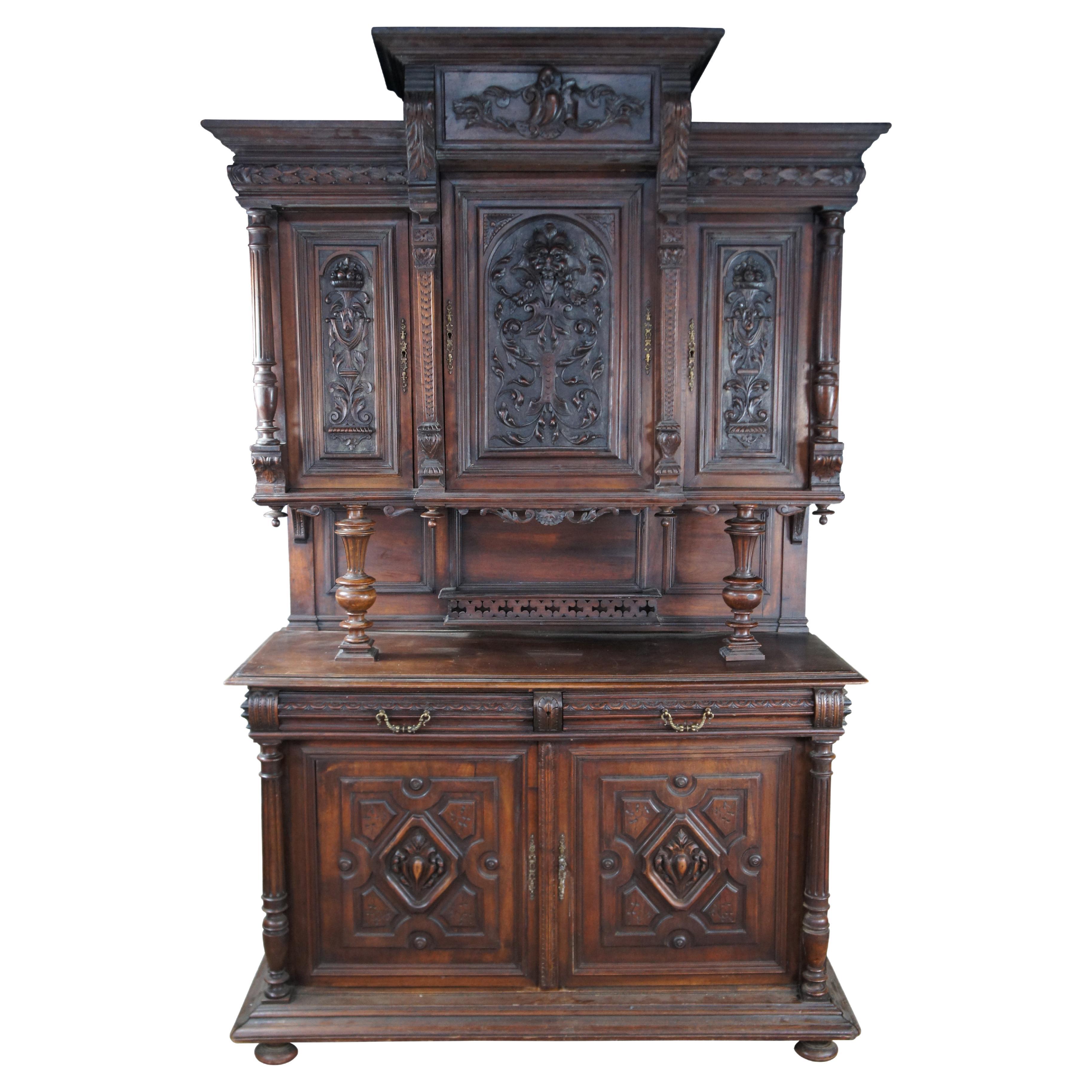 Antique French Renaissance Revival Walnut Buffet Cabinet Cupboard Hutch 96" (Renacimiento francés antiguo)