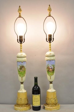 Antique French Renaissance Slender Porcelain Urn Hand Painted Table Lamps - Pair