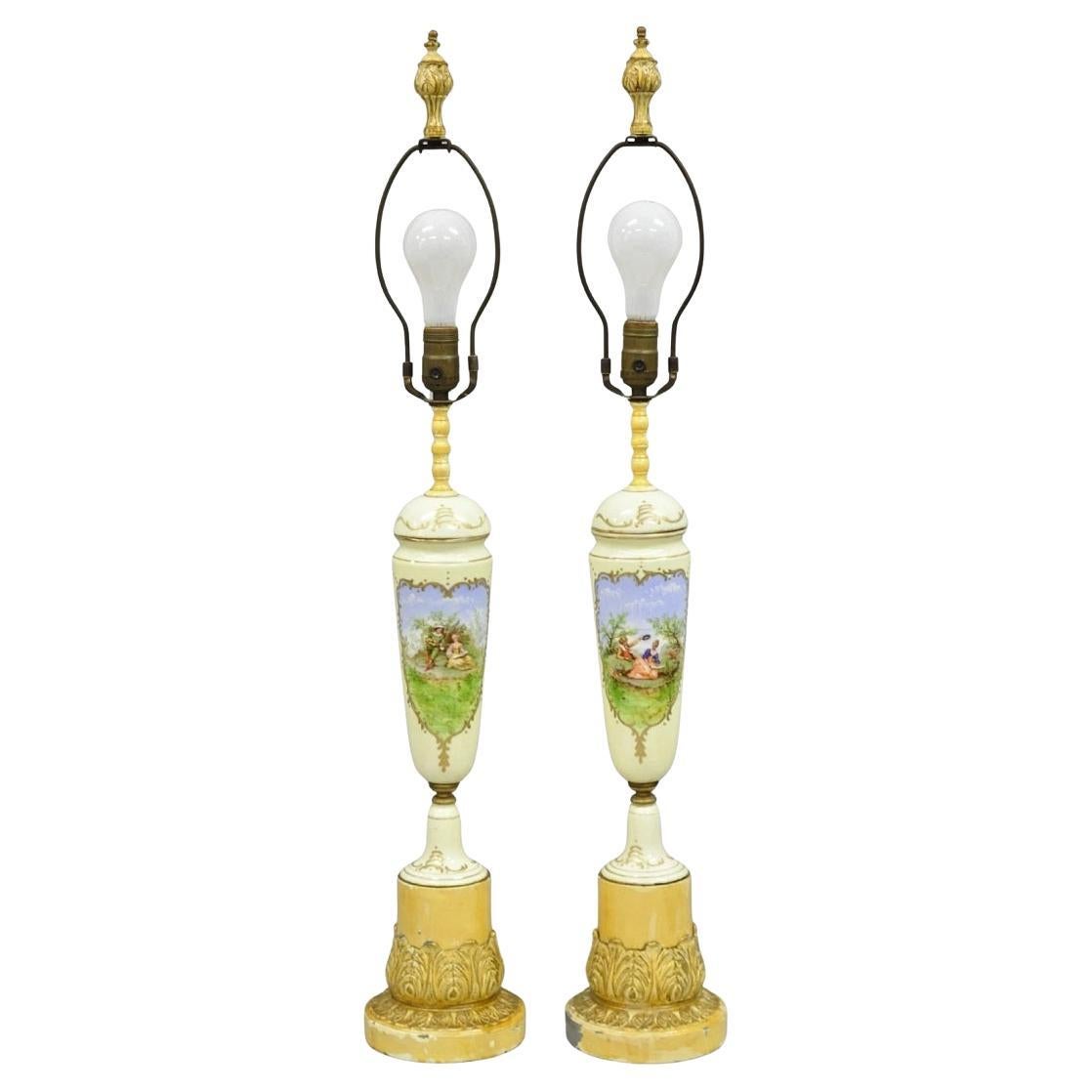 Antique French Renaissance Slender Porcelain Urn Hand Painted Table Lamps - Pair