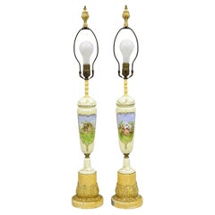 Antique French Renaissance Slender Porcelain Urn Hand Painted Table Lamps - Pair