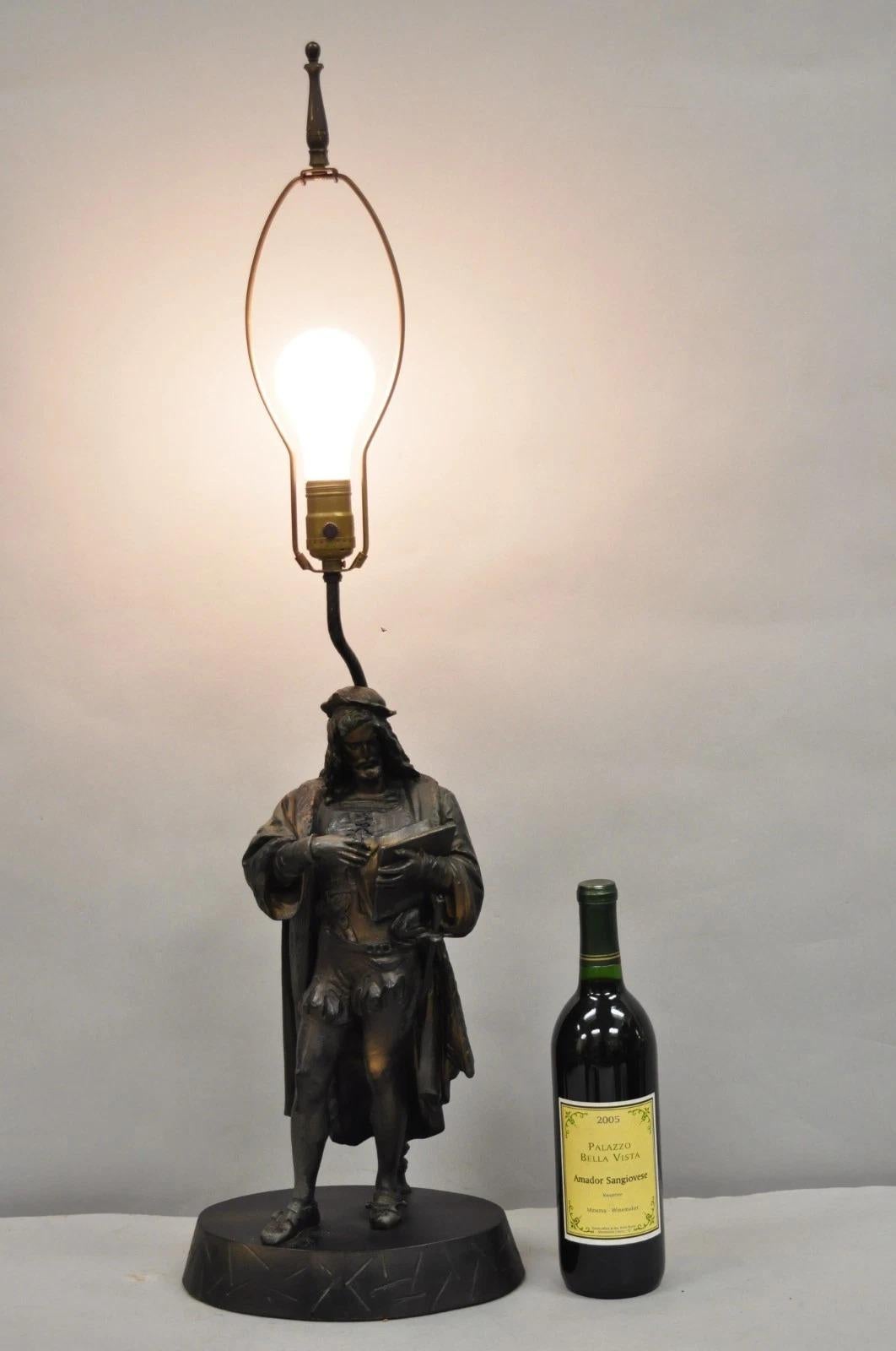 Antique French Renaissance Spelter Metal Statue of Cardinal Mazarin Converted to Table Lamp on Wooden Base. Circa Late 19th Century. Measurements: 35
