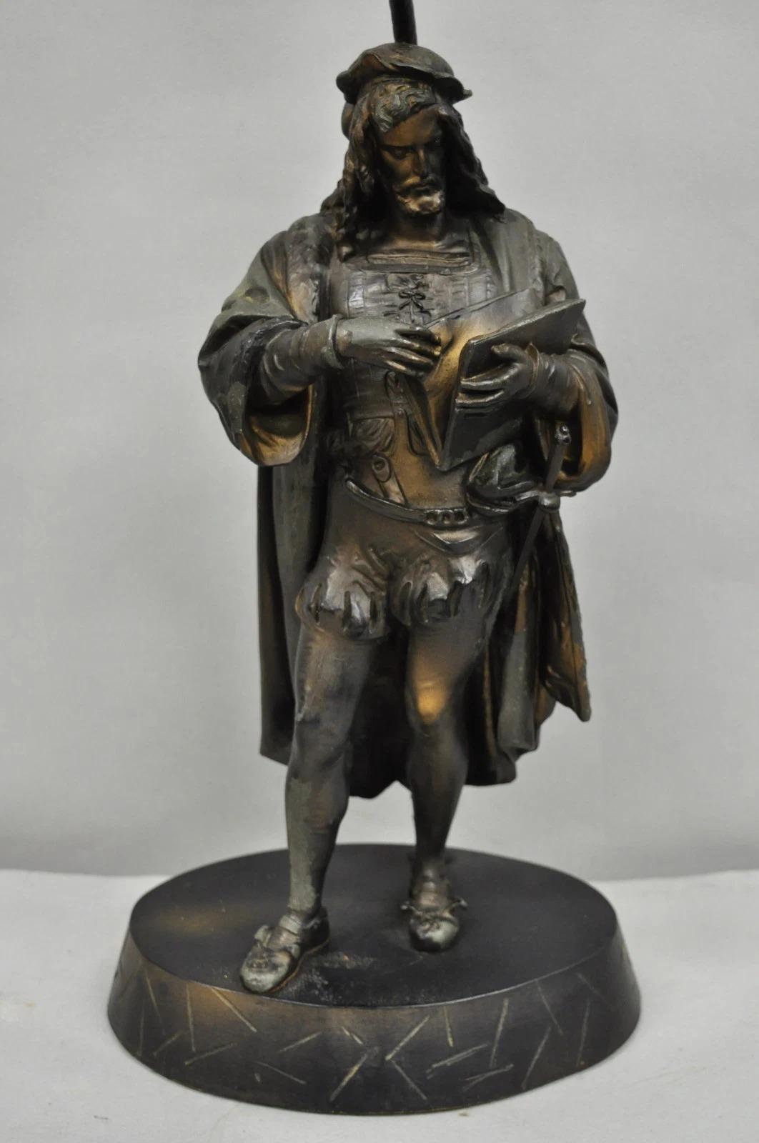 Rinascimento Antique French Renaissance Spelter Metal Statue of Cardinal Mazarin Table Lamp in vendita