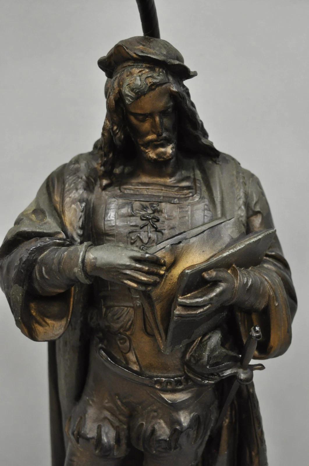 Sconosciuto Antique French Renaissance Spelter Metal Statue of Cardinal Mazarin Table Lamp in vendita