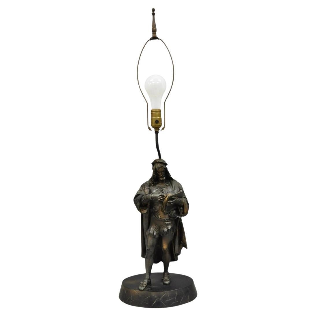 Antique French Renaissance Spelter Metal Statue of Cardinal Mazarin Table Lamp