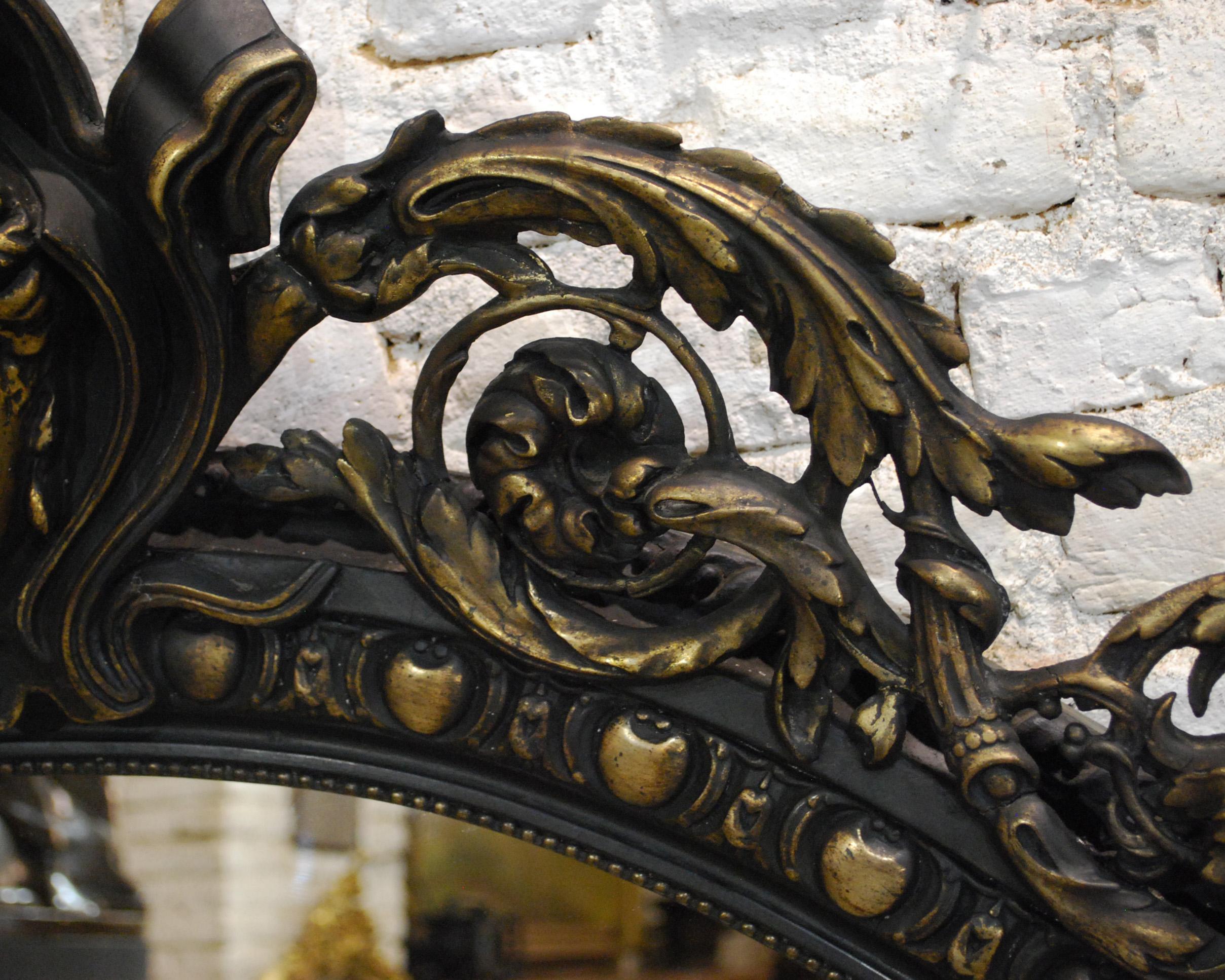 Antique French Renaissance Style Black and Gold Mirror with Carved Ornaments 2