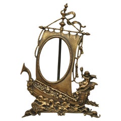 Antique French Renaissance Style Brass Oval Picture Frame with Ship and Cherub