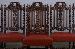 Antique French Renaissance Style Oak Dining Chairs W/ Red Leather - Set of 6