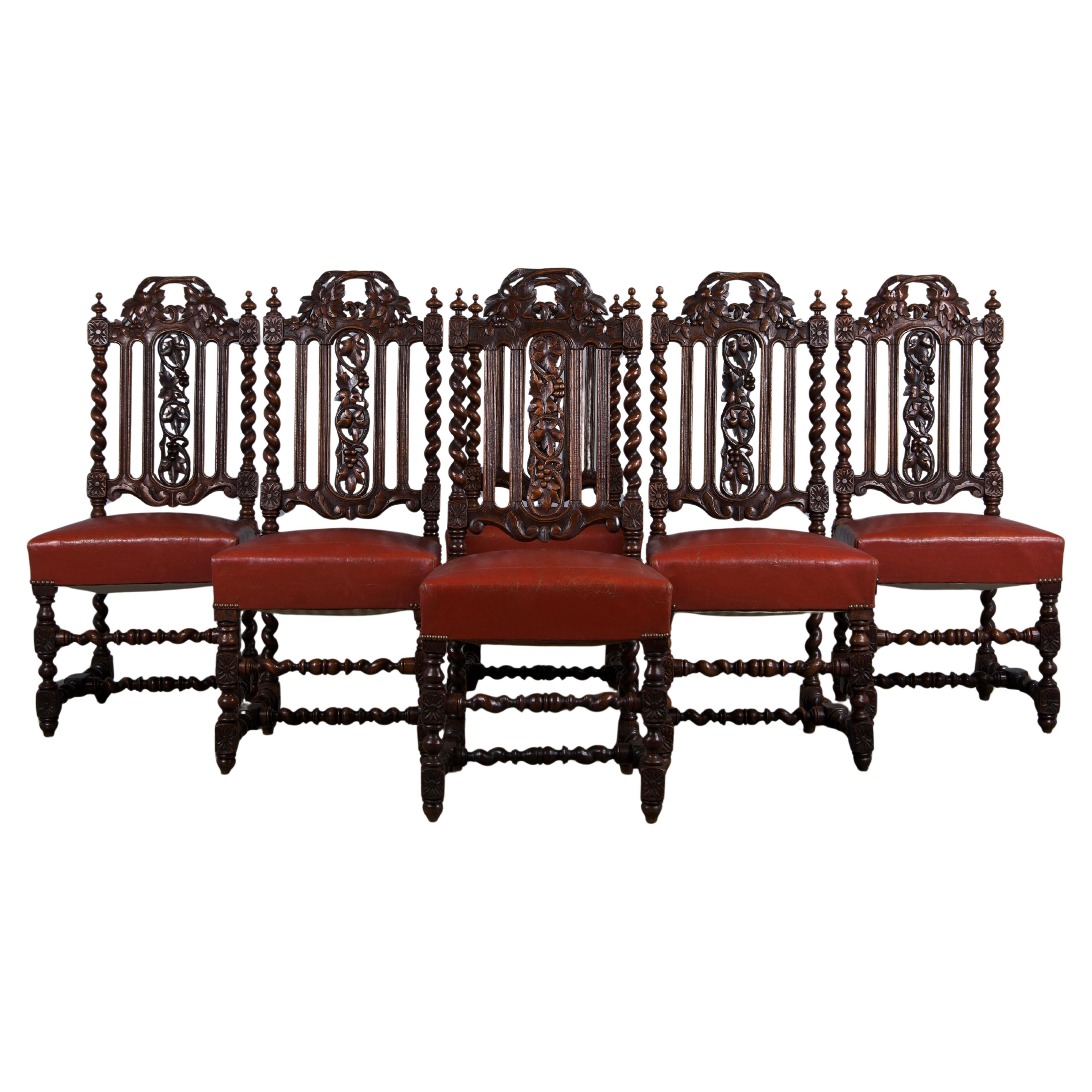 Antique French Renaissance Style Oak Dining Chairs W/ Red Leather - Set of 6
