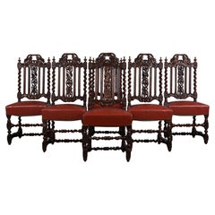 Anciennes chaises de salle à manger en chêne, style French Renaissance, avec cuir rouge - Lot de 6