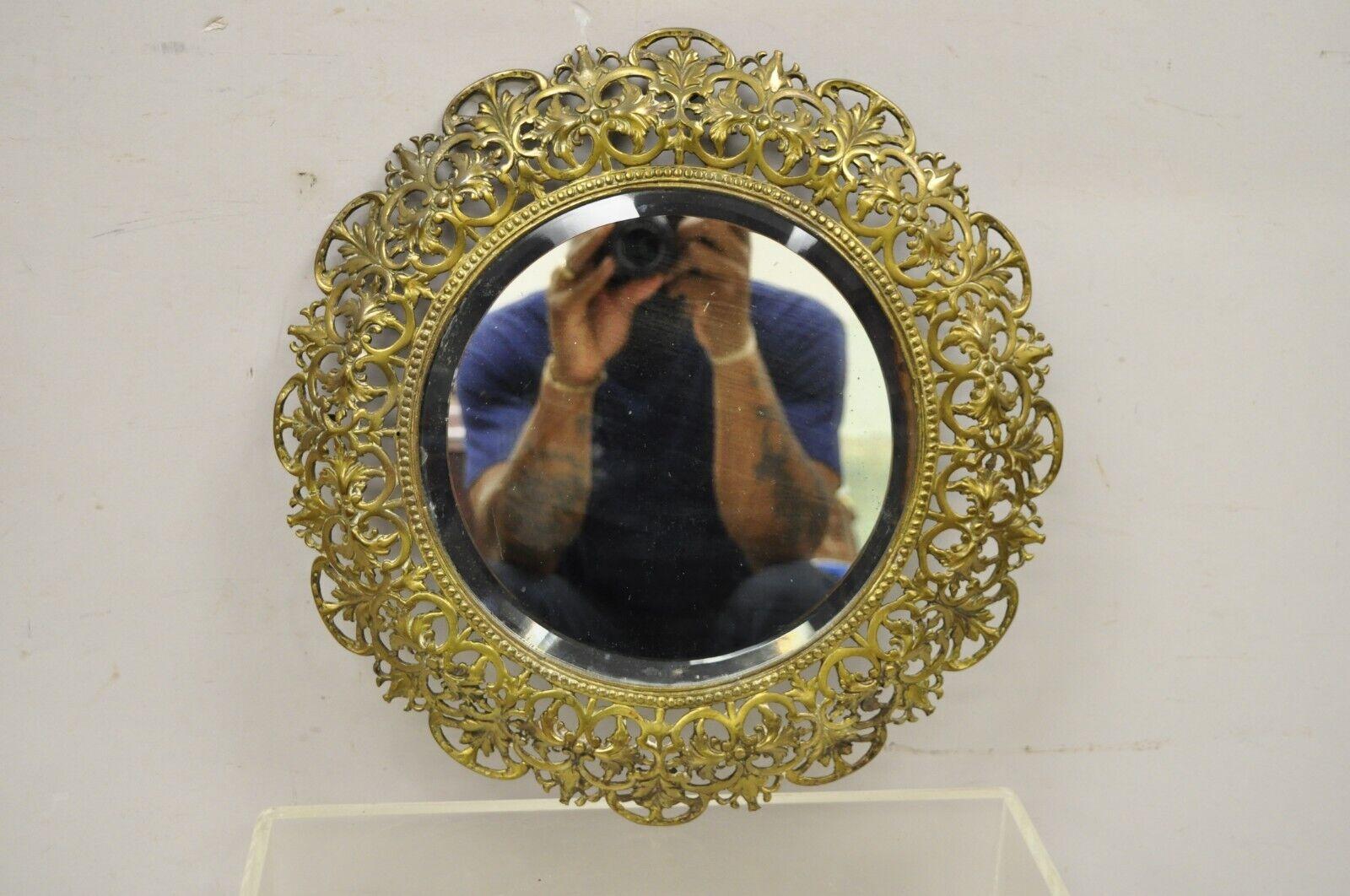 Antique French Renaissance Style Round Leafy Brass Frame Small Beveled Mirror For Sale 6